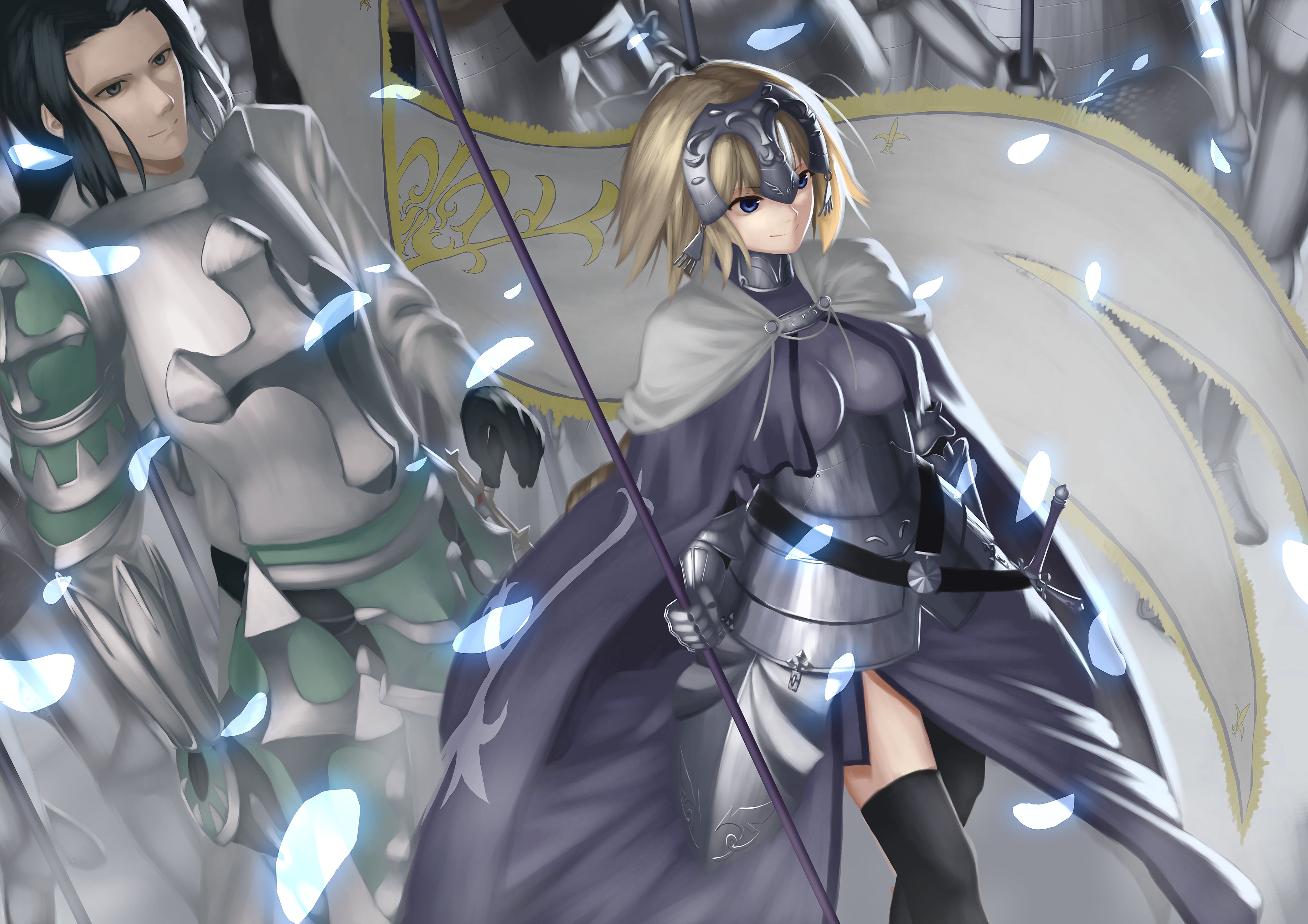 Download mobile wallpaper Anime, Blonde, Flag, Blue Eyes, Short Hair, Saber (Fate Series), Woman Warrior, Fate/grand Order, Jeanne D'arc (Fate Series), Ruler (Fate/apocrypha), Gilles De Rais (Fate/grand Order), Fate Series for free.