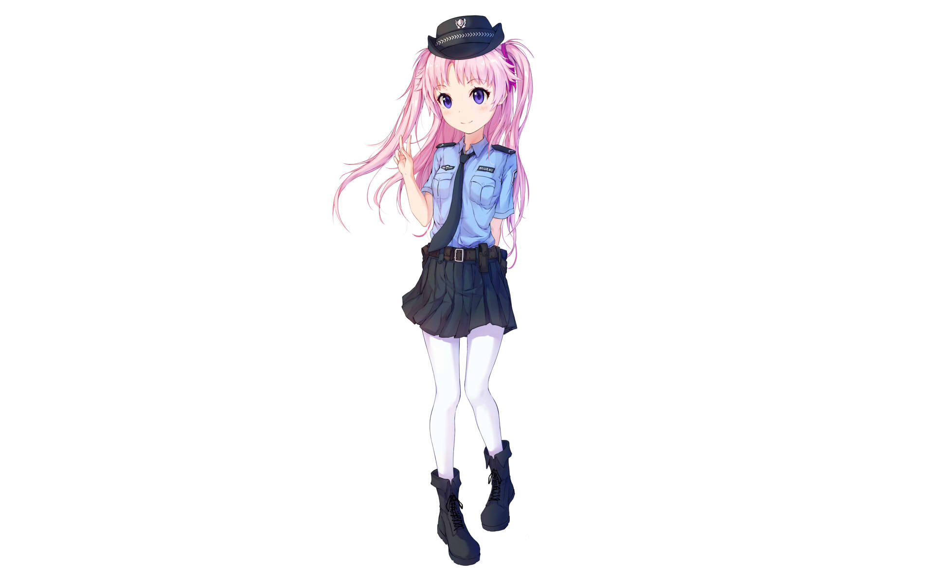 Download mobile wallpaper Anime, Uniform, Skirt, Original, Pink Hair, Police, Long Hair, Purple Eyes, Pantyhose for free.