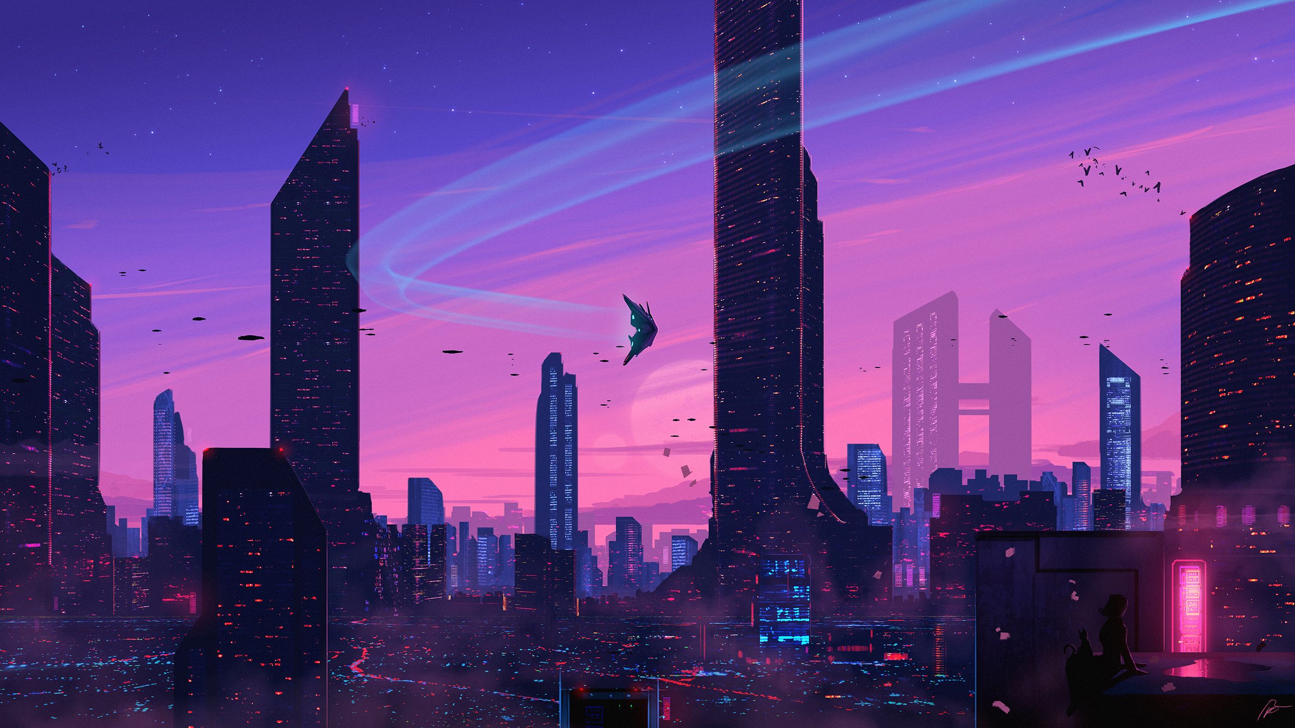 1006083 descargar fondo de pantalla ciencia ficción, futurista, ciudad, gato, paisaje urbano, rascacielos: protectores de pantalla e imágenes gratis