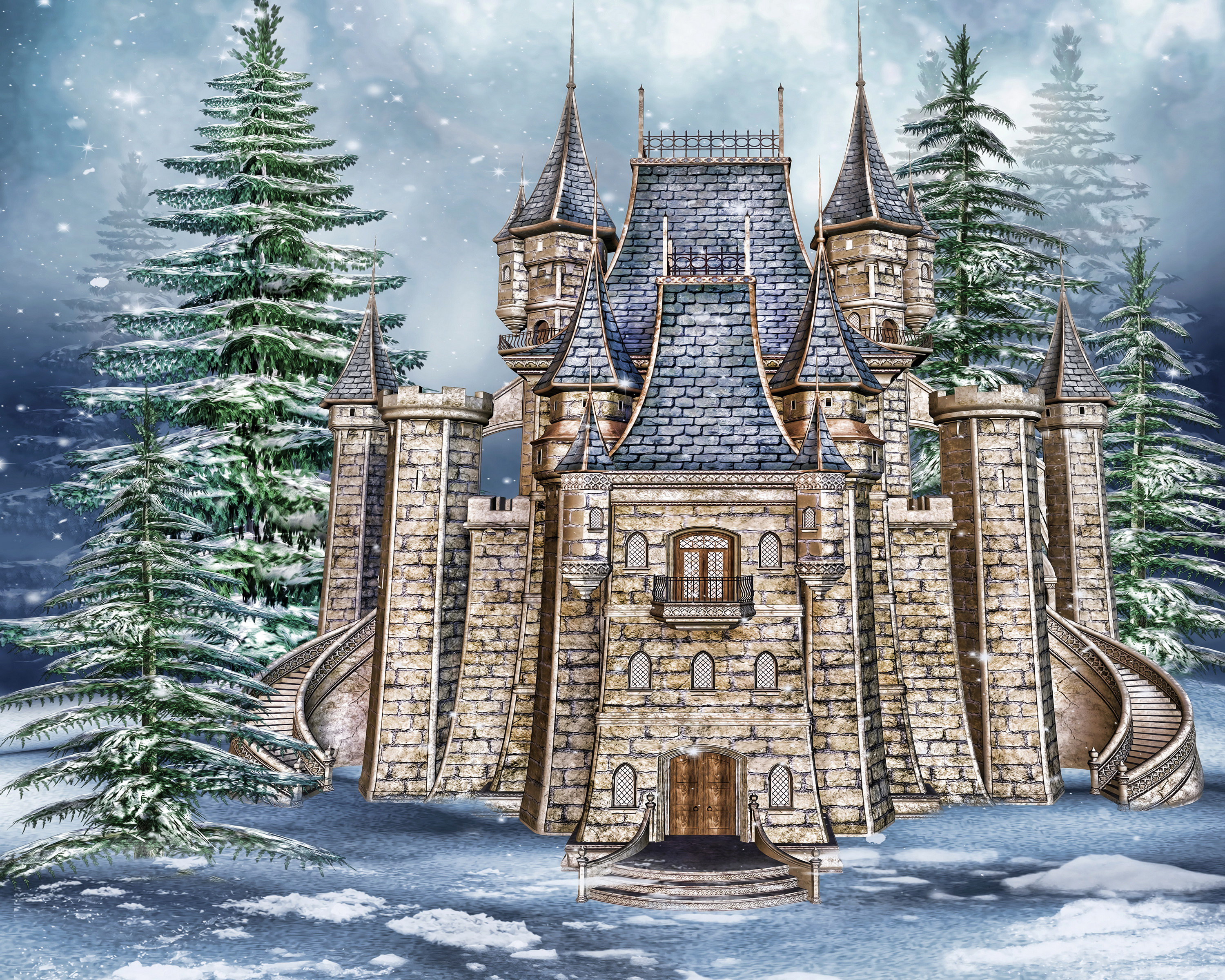 Download mobile wallpaper Winter, Snow, Tree, Painting, Artistic, Castle for free.