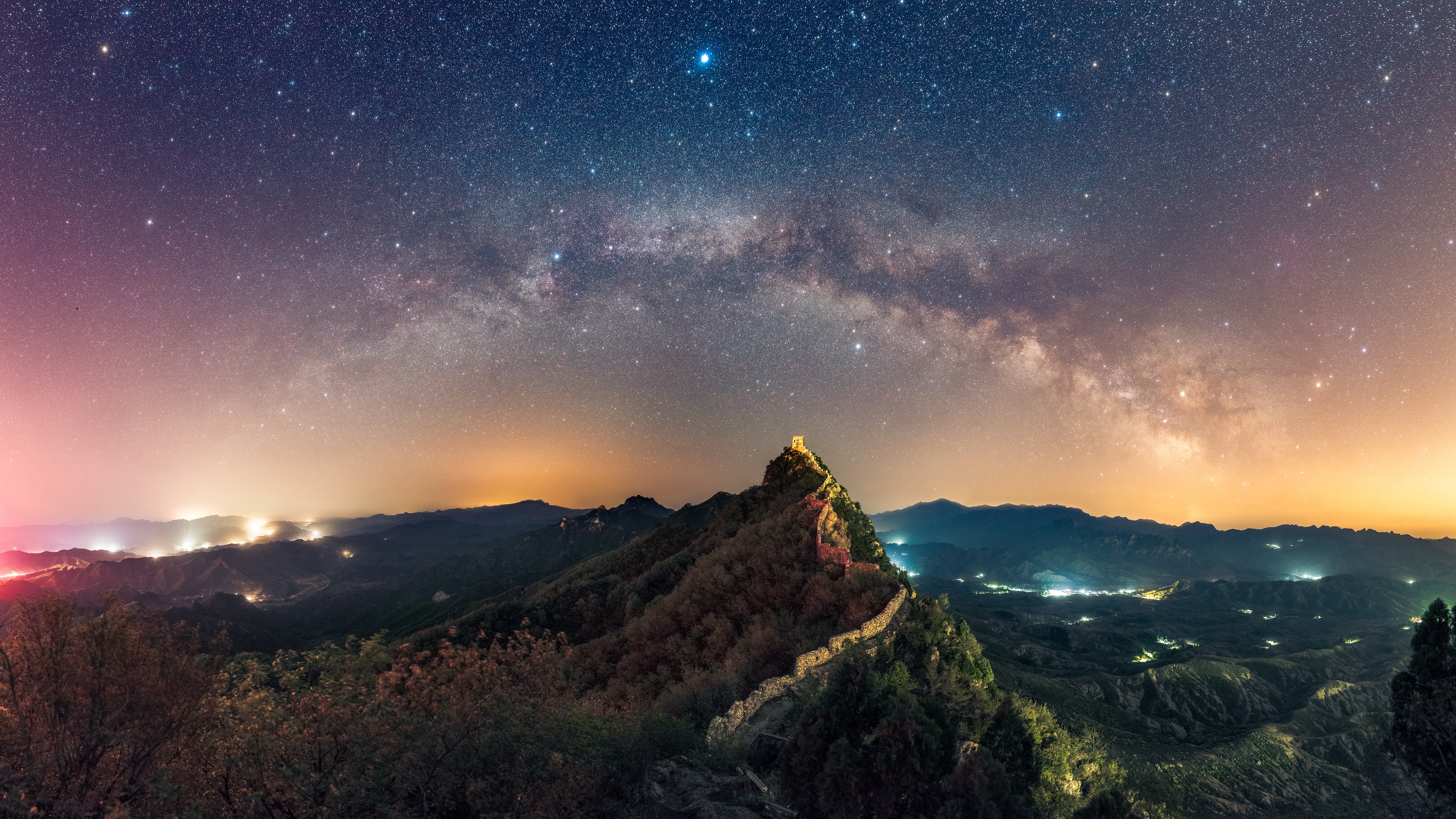 413820 скачать картинку природа, звездное небо, панорама, великая китайская стена, сделано человеком, ландшафт, ночь, небо, звезды, памятники - обои и заставки бесплатно