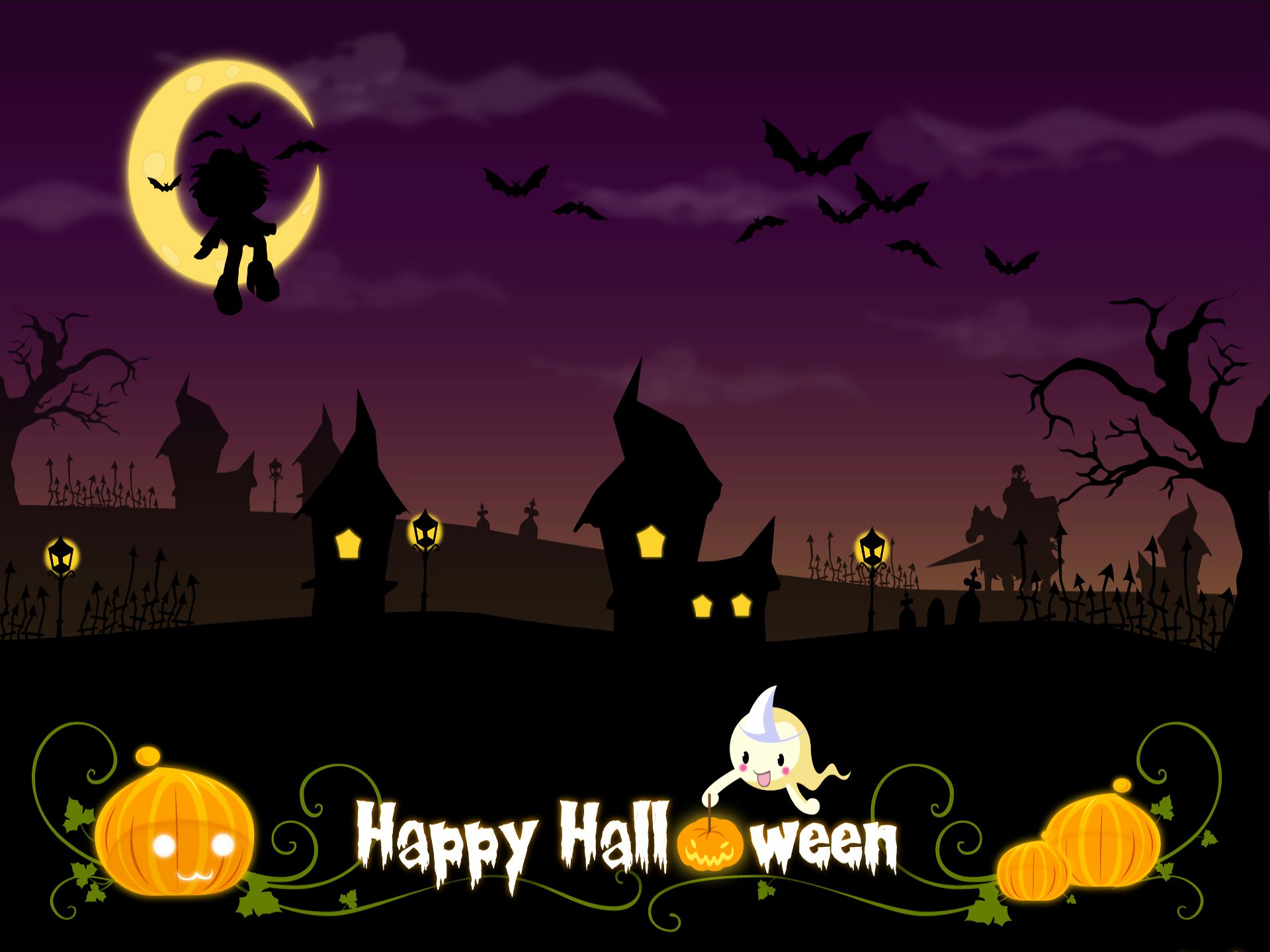 Download mobile wallpaper Halloween, Night, Moon, Holiday, Bat, Ghost, Jack O' Lantern, Happy Halloween for free.