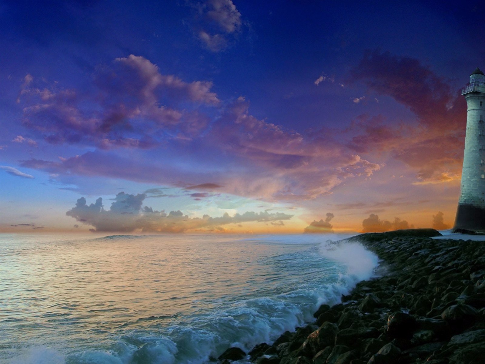 Handy-Wallpaper Horizont, Ozean, Leuchtturm, Meer, Sonnenuntergang, Menschengemacht kostenlos herunterladen.