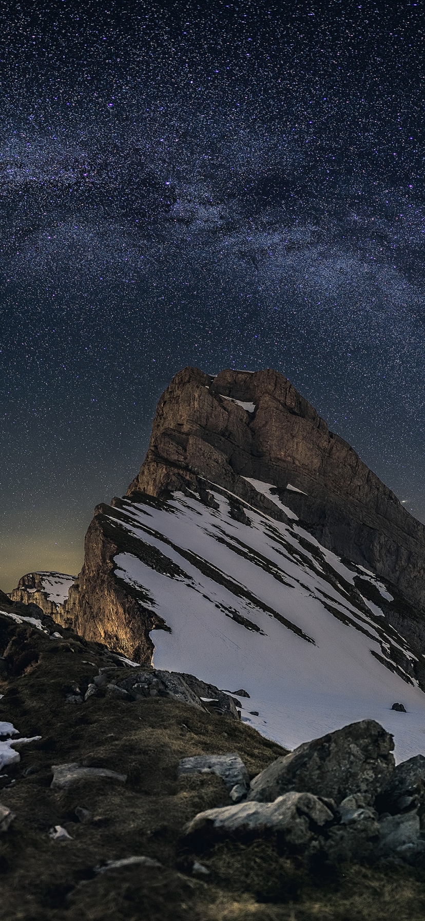 Download mobile wallpaper Nature, Night, Mountain, Peak, Starry Sky, Alps, Earth for free.