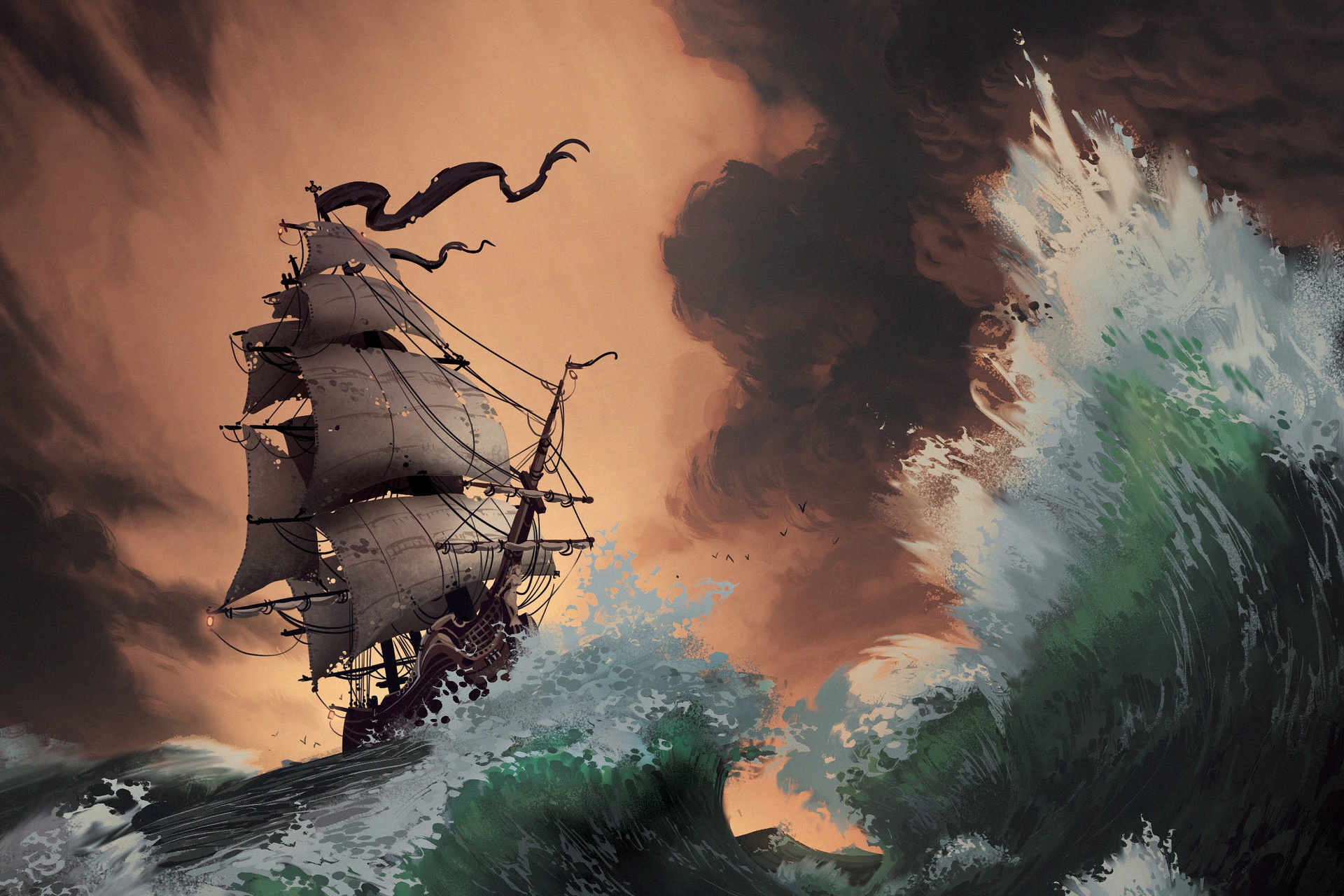 Laden Sie das Fantasie, Segelboot, Schiff, Welle-Bild kostenlos auf Ihren PC-Desktop herunter
