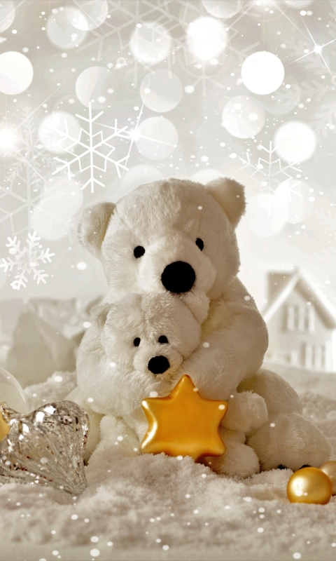 Handy-Wallpaper Feiertage, Schnee, Weihnachten, Teddybär, Weihnachtsschmuck, Stern kostenlos herunterladen.