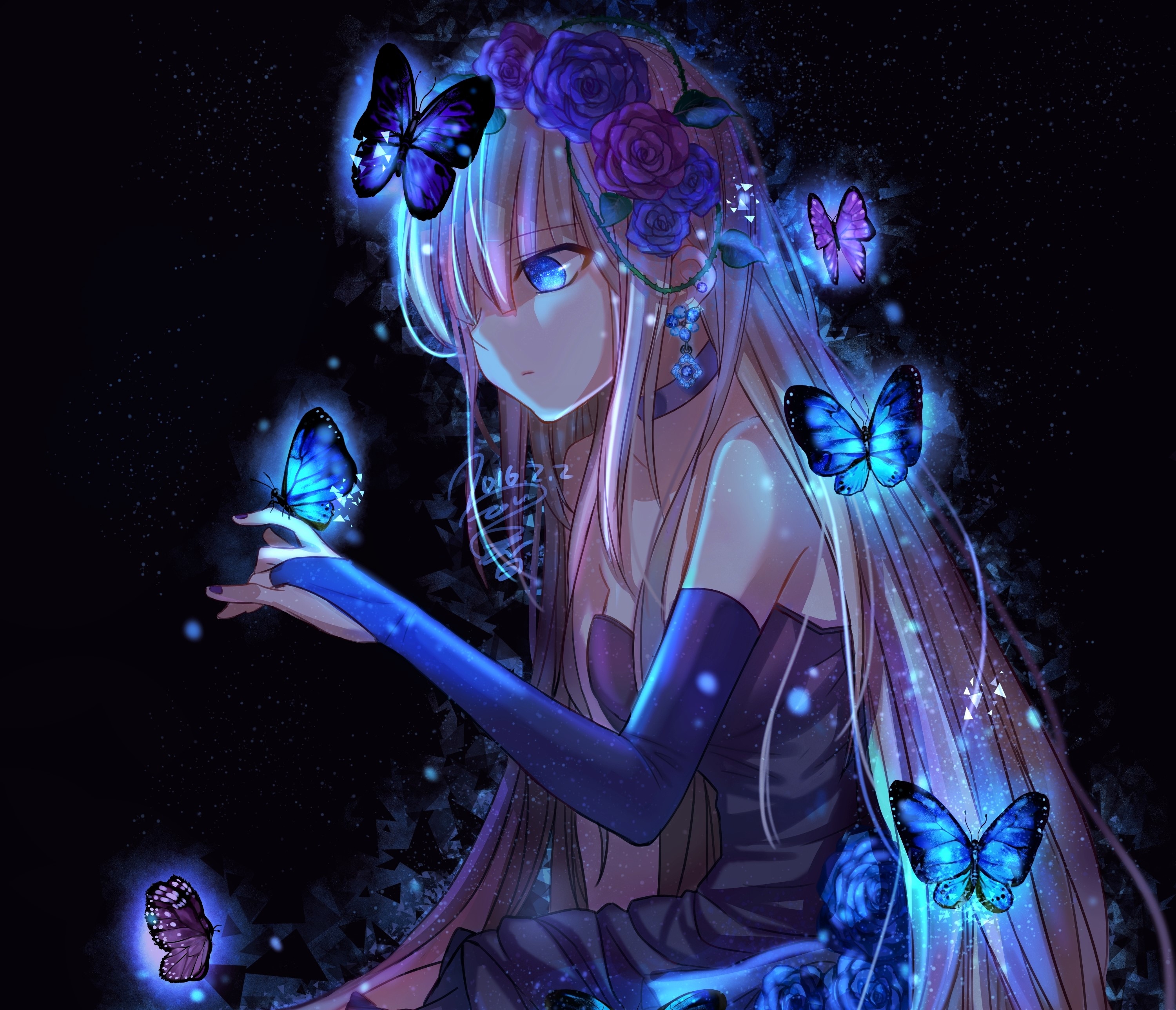 girl, flower, butterfly, anime, blue eyes, long hair