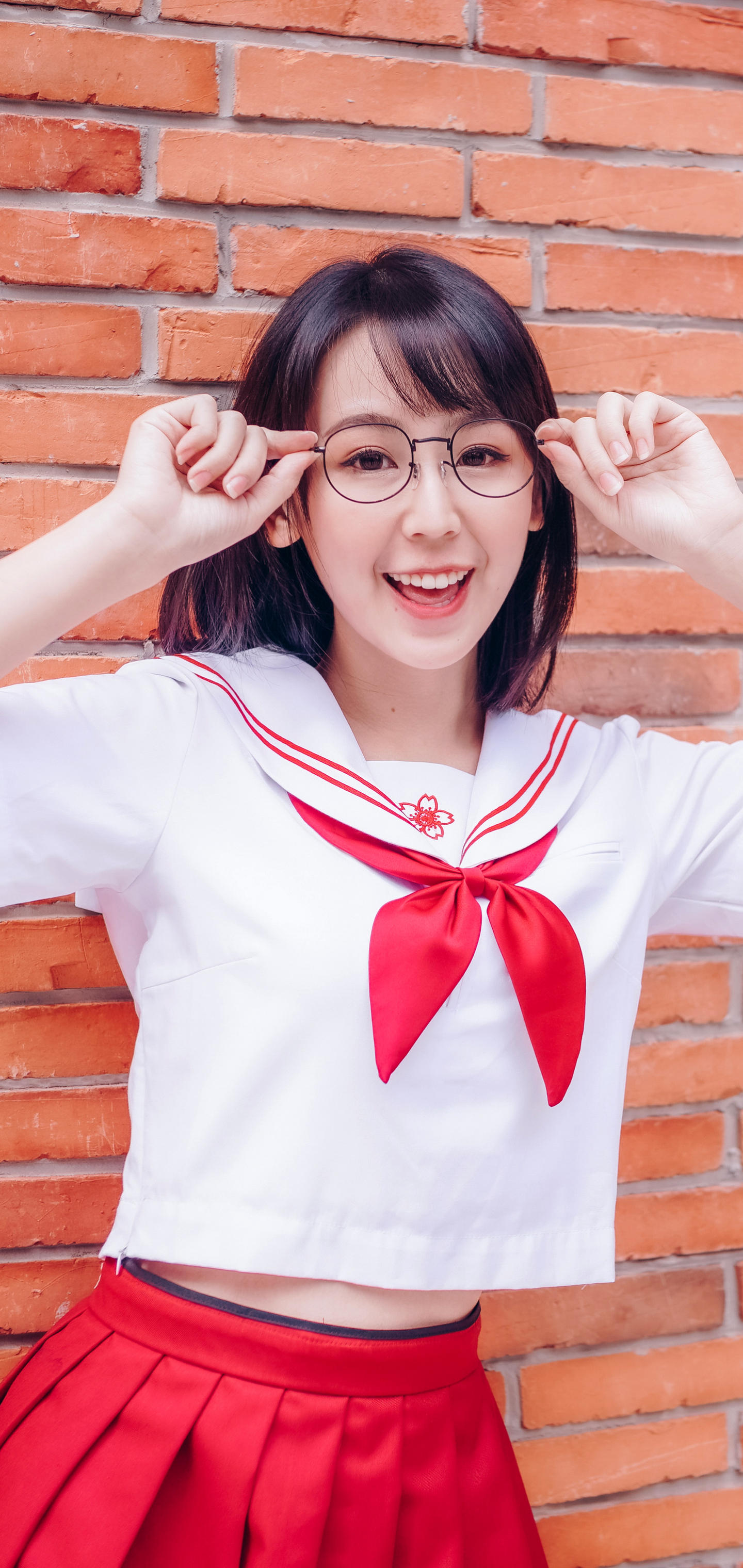 Download mobile wallpaper Smile, Glasses, Model, Women, Asian, School Uniform, Black Hair for free.