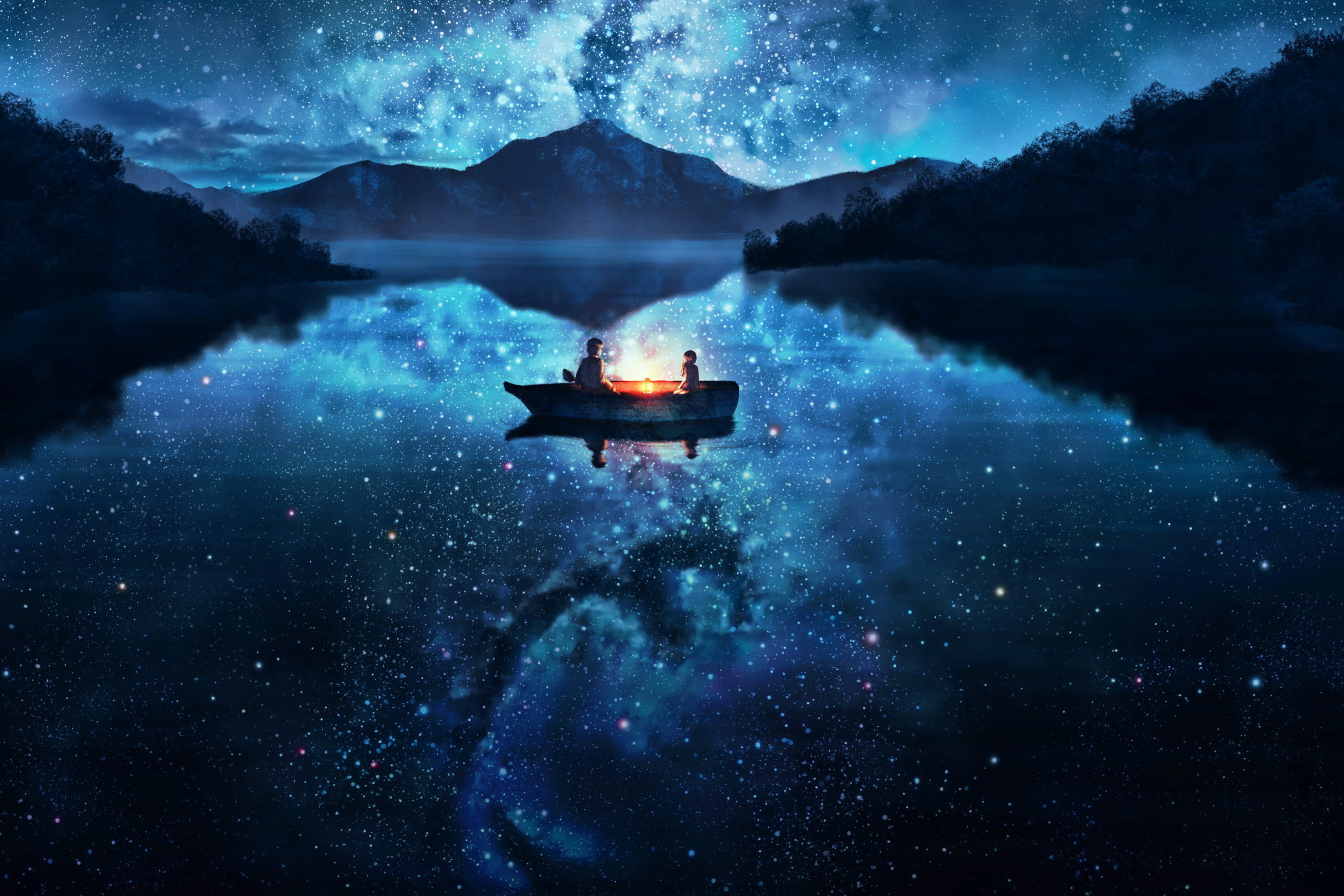 PCデスクトップに湖, ボート, 反射, 星空, 夜, 風光明媚な, アニメ画像を無料でダウンロード