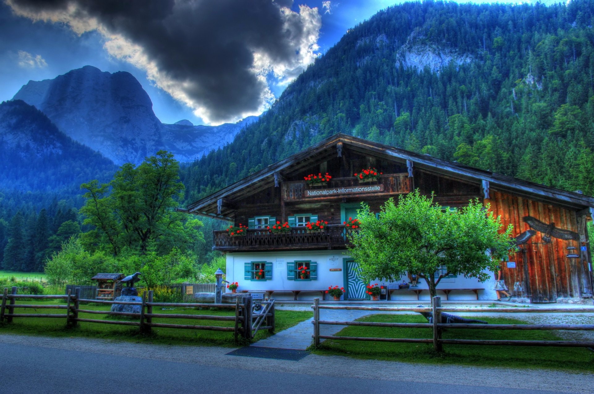 hotel, man made, alps, bavaria, fence, mountain, tree