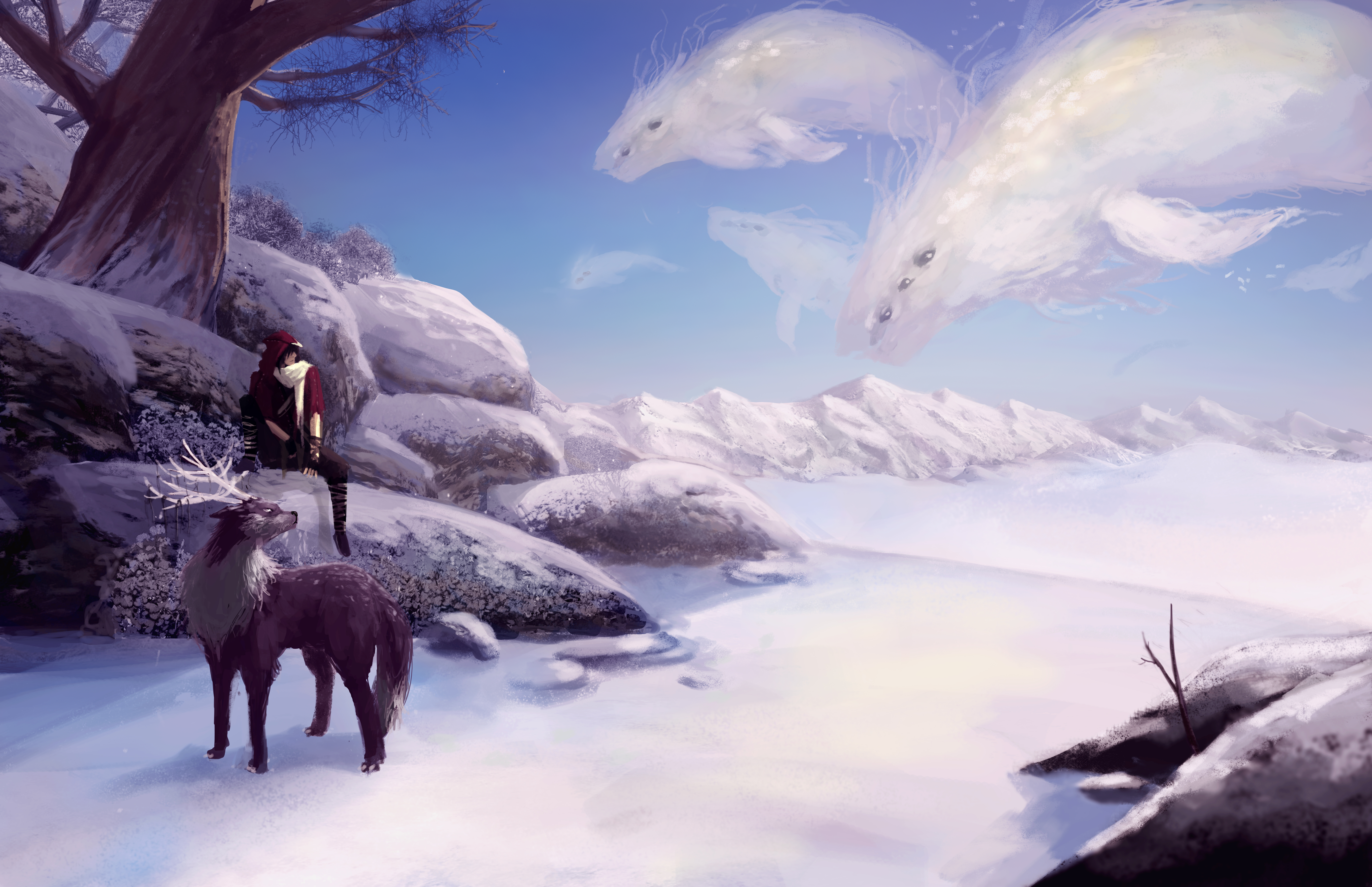 Free download wallpaper Winter, Nature, Fantasy, Snow, Animal, Creature, Deer, Fantasy Animals on your PC desktop