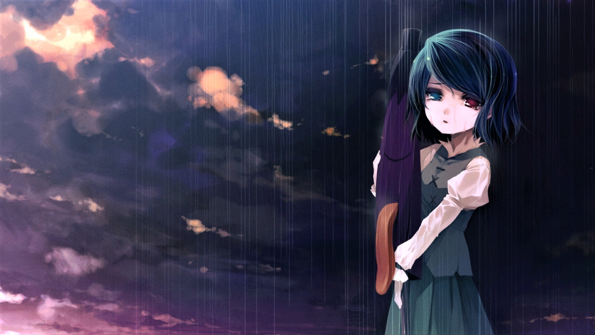 anime, touhou, cloud, heterochromia, kogasa tatara, rain, sad, umbrella
