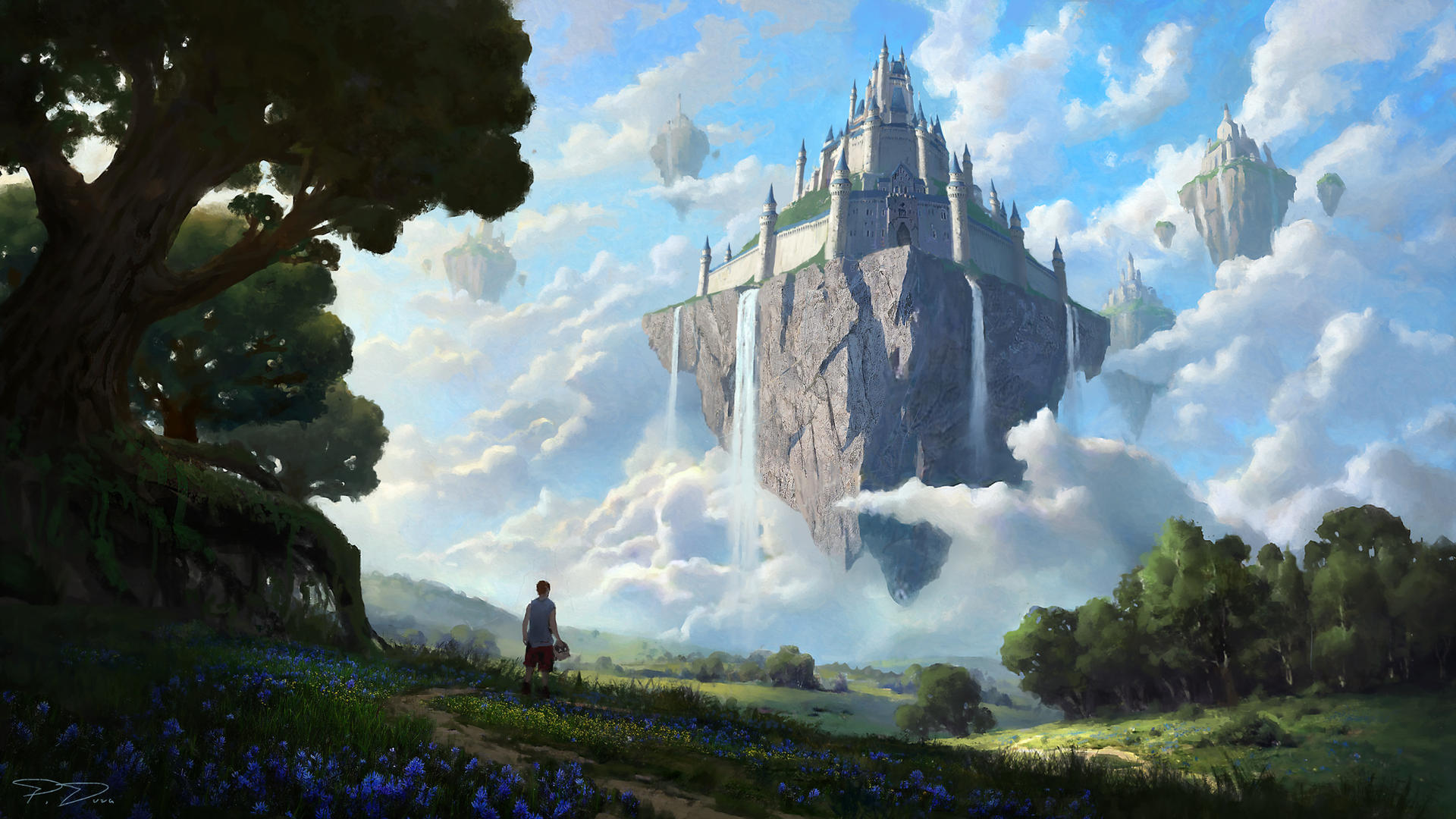 Free download wallpaper Landscape, Fantasy, Castles, Waterfall, Castle, Floating Island on your PC desktop