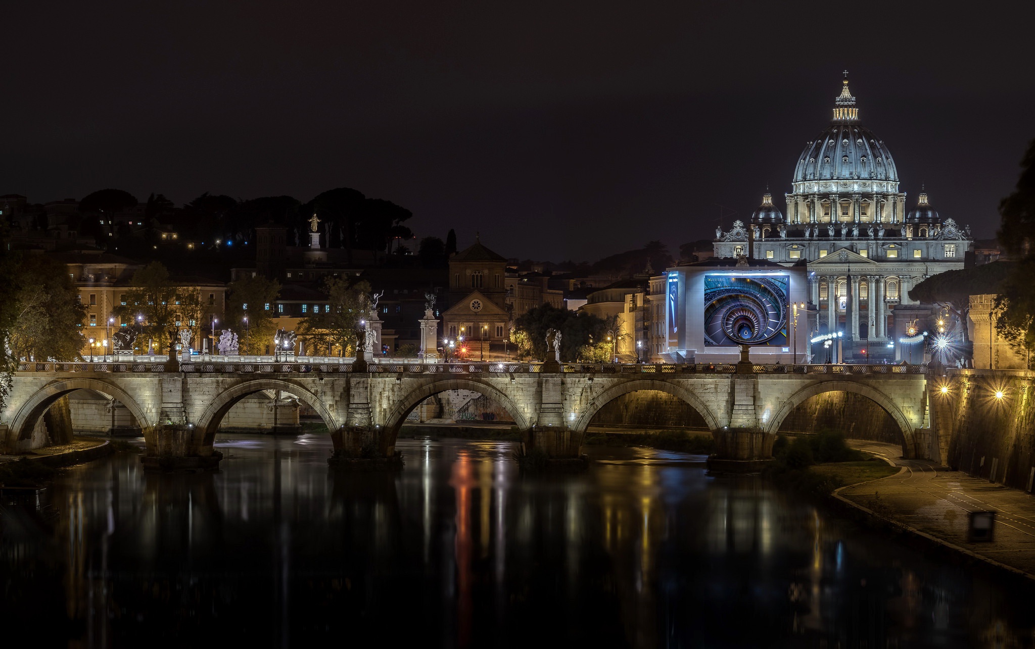 Free download wallpaper Cities, Night, Italy, City, Building, Bridge, River, Dome, Rome, Man Made on your PC desktop