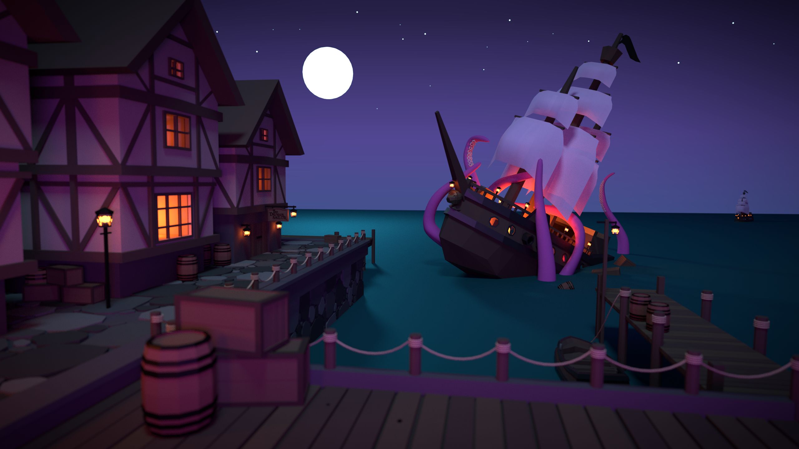 Download mobile wallpaper Fantasy, Night, Moon, Sailboat, Ship, Dock, Sea Monster for free.