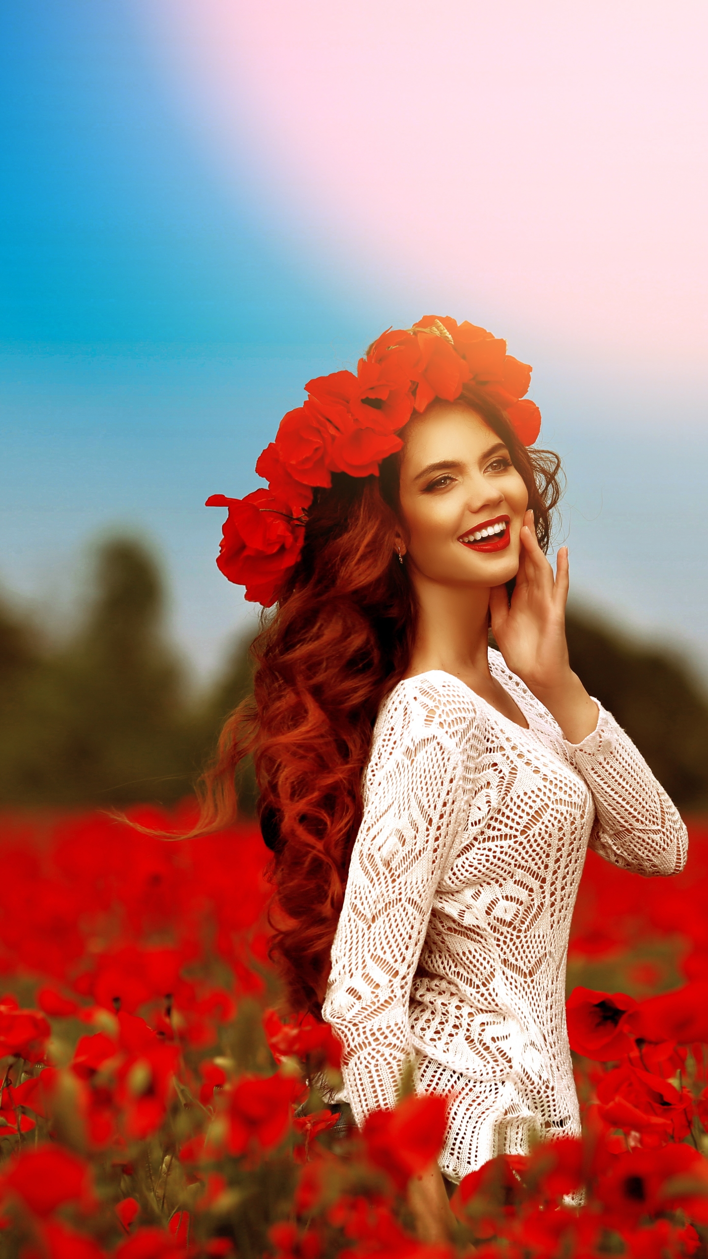Download mobile wallpaper Blur, Field, Smile, Redhead, Poppy, Wreath, Model, Women, Red Flower, Lipstick for free.