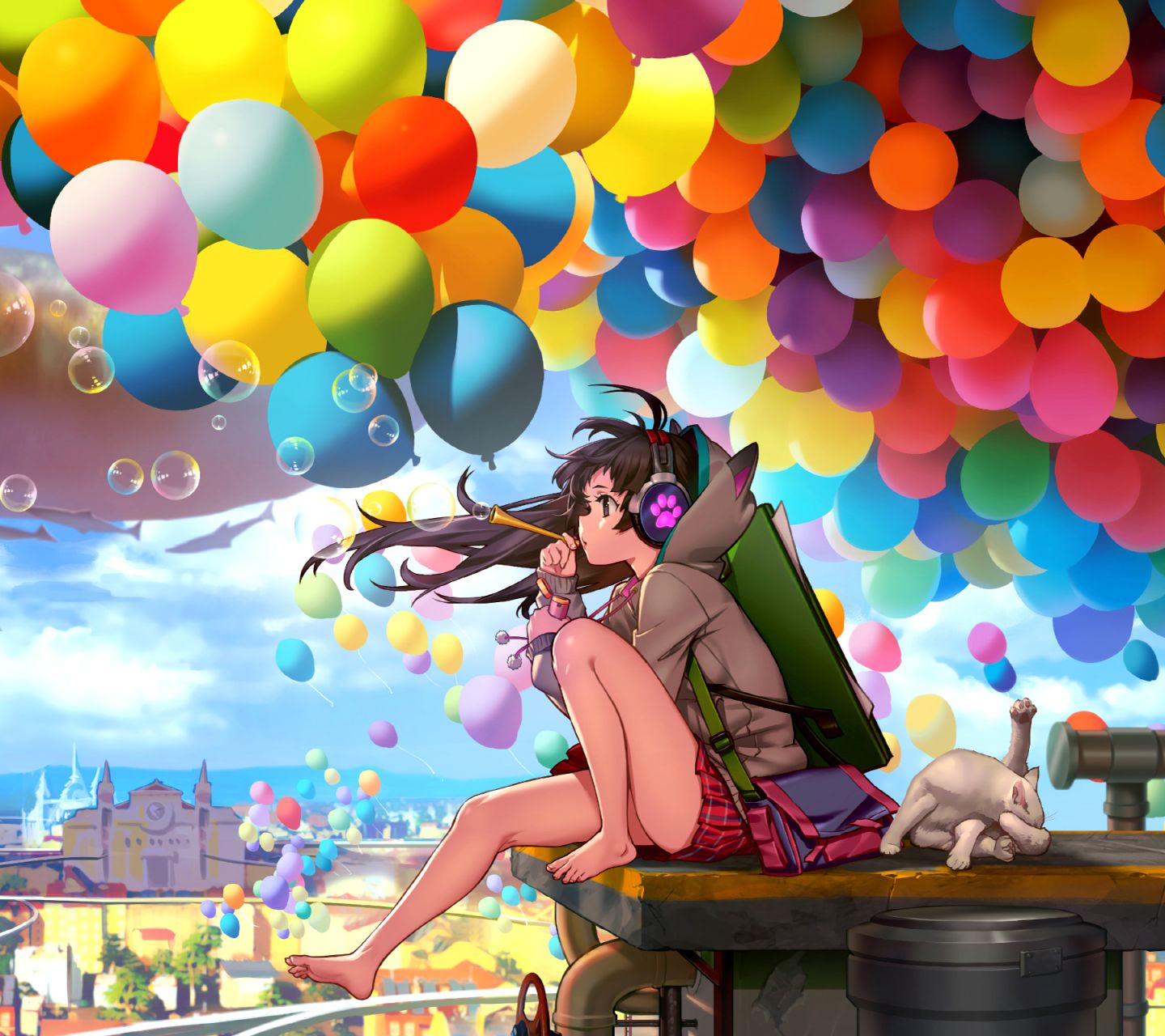 Free download wallpaper Anime, Fantasy, Headphones, Colors, Whale, Original on your PC desktop