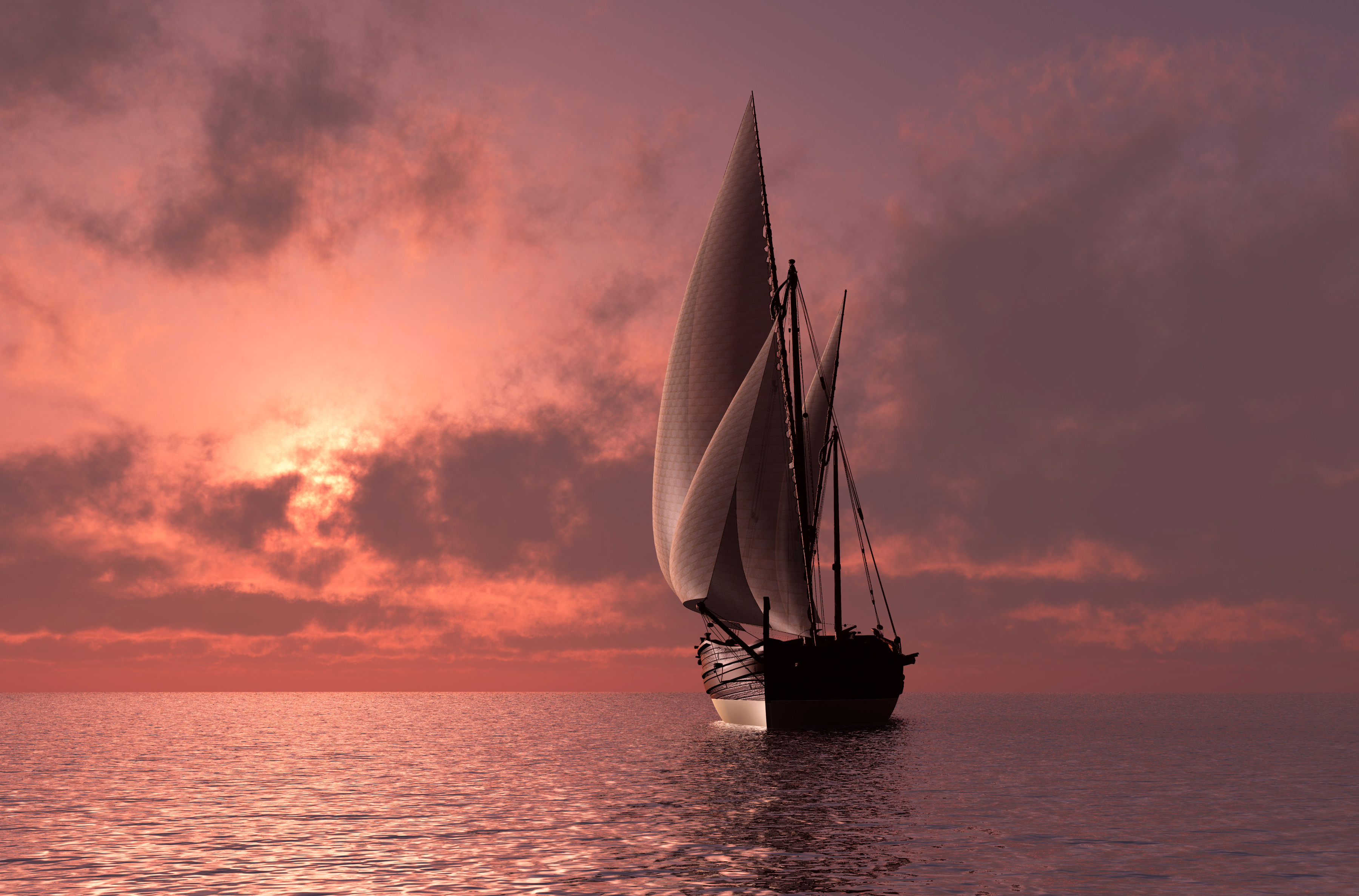 Handy-Wallpaper Rosa, Horizont, Segelboot, Himmel, Sonnenuntergang, Fahrzeuge kostenlos herunterladen.