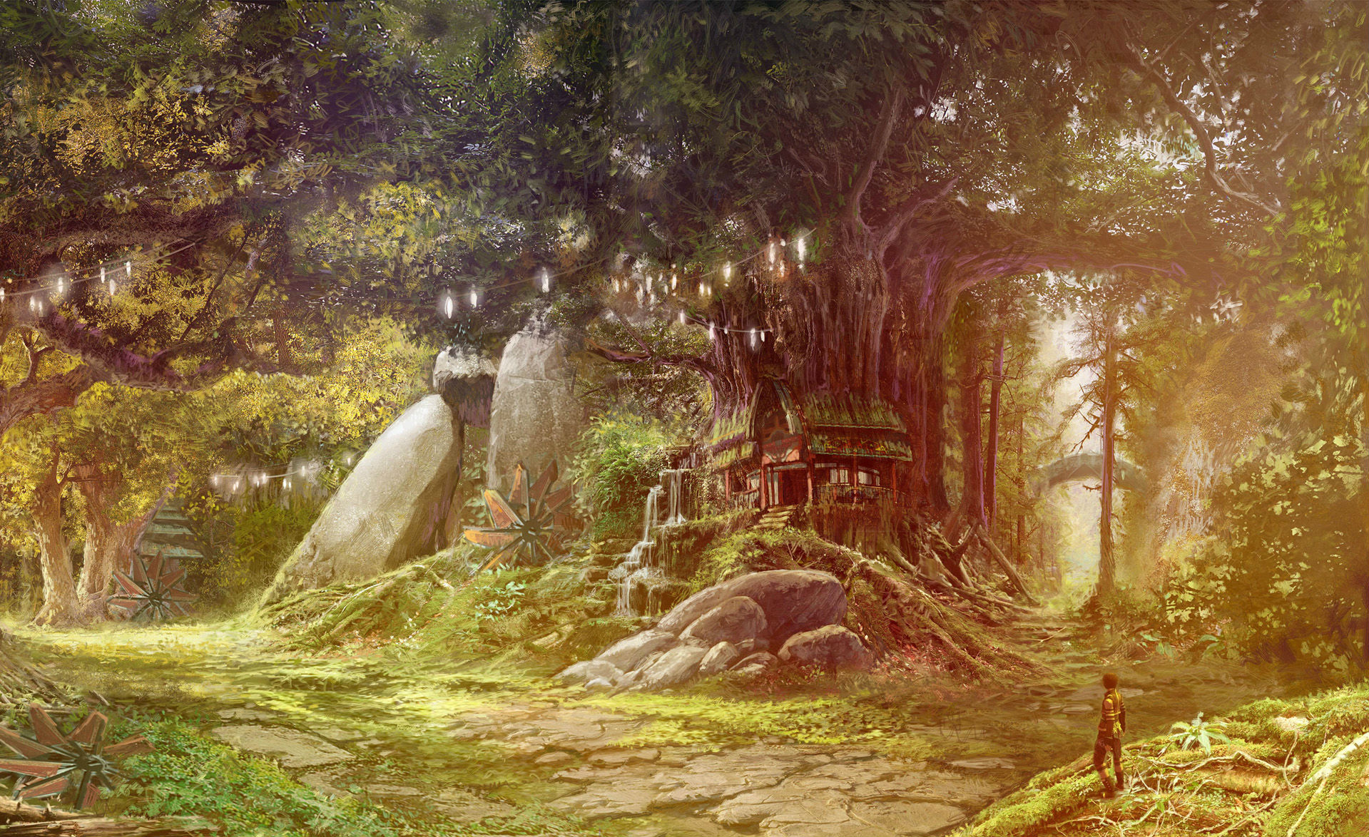 fantasy, people, aion, forest, house, town