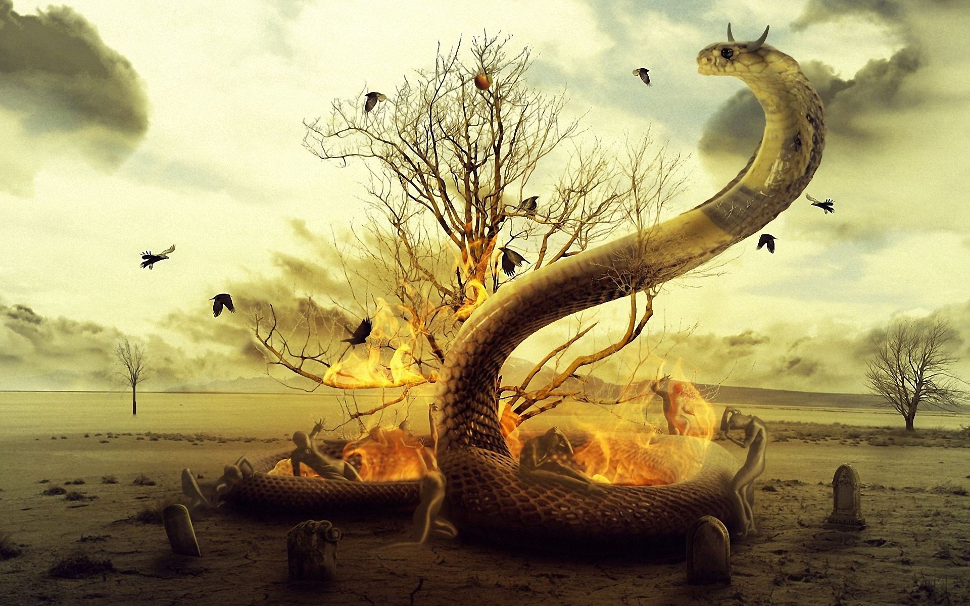 Скачать обои бесплатно Огонь, Пламя, Змея, Художественный, Тьма, Зло, Ужастик, Религиозные, Змей картинка на рабочий стол ПК