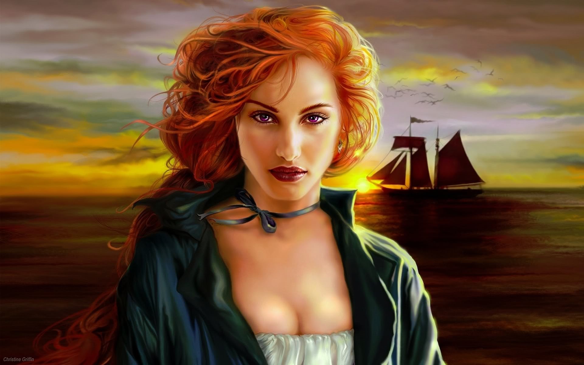 Free download wallpaper Fantasy, Ship, Women, Red Hair on your PC desktop