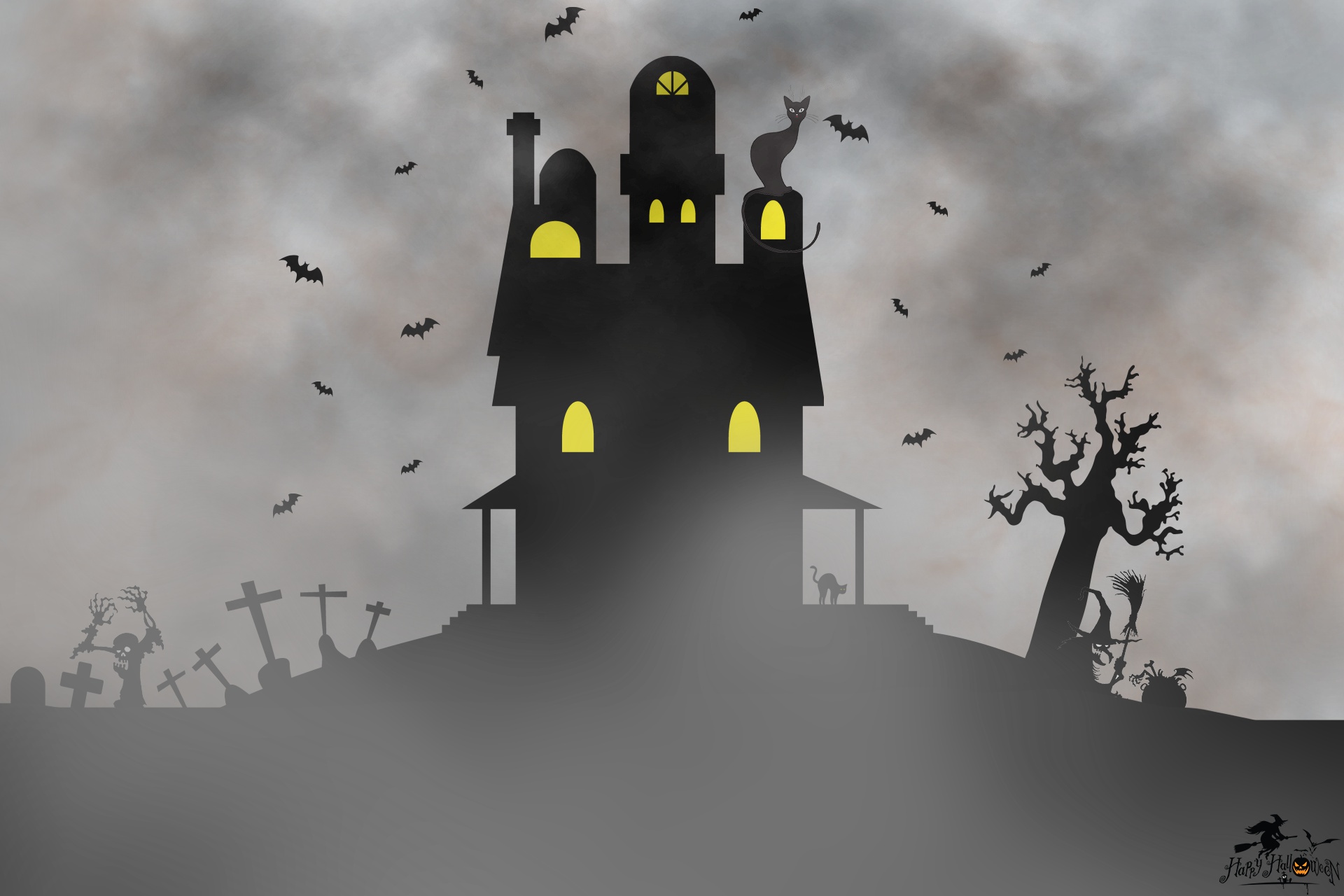 Download mobile wallpaper Halloween, Cat, Fog, Holiday, House, Bat, Witch, Graveyard for free.
