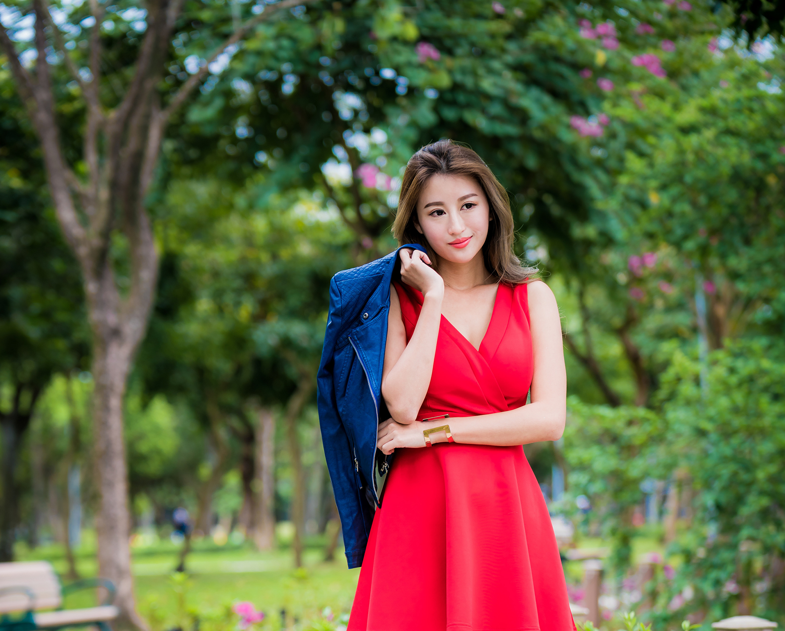 Free download wallpaper Brunette, Model, Women, Asian, Red Dress, Depth Of Field on your PC desktop