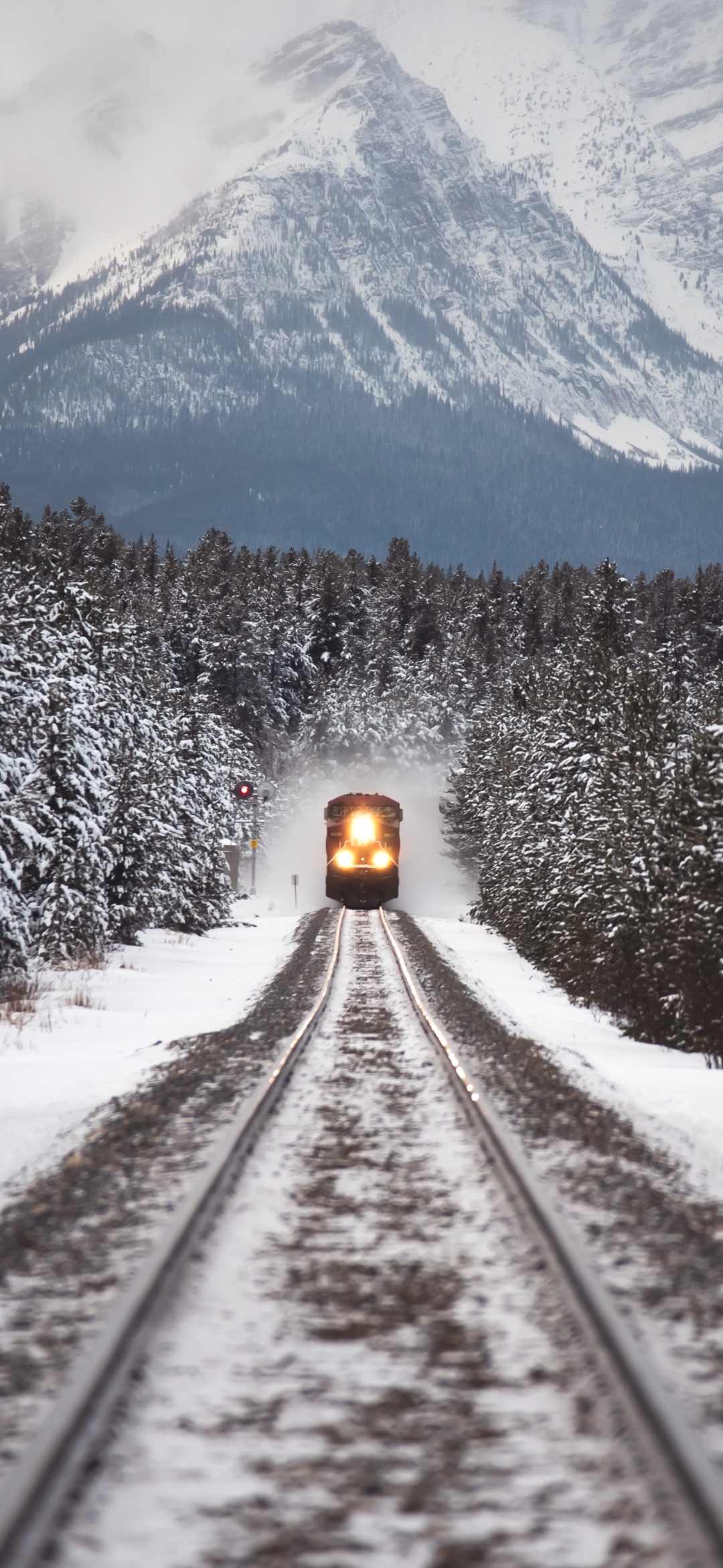 vehicles, train, snow, tracks, winter, mountain