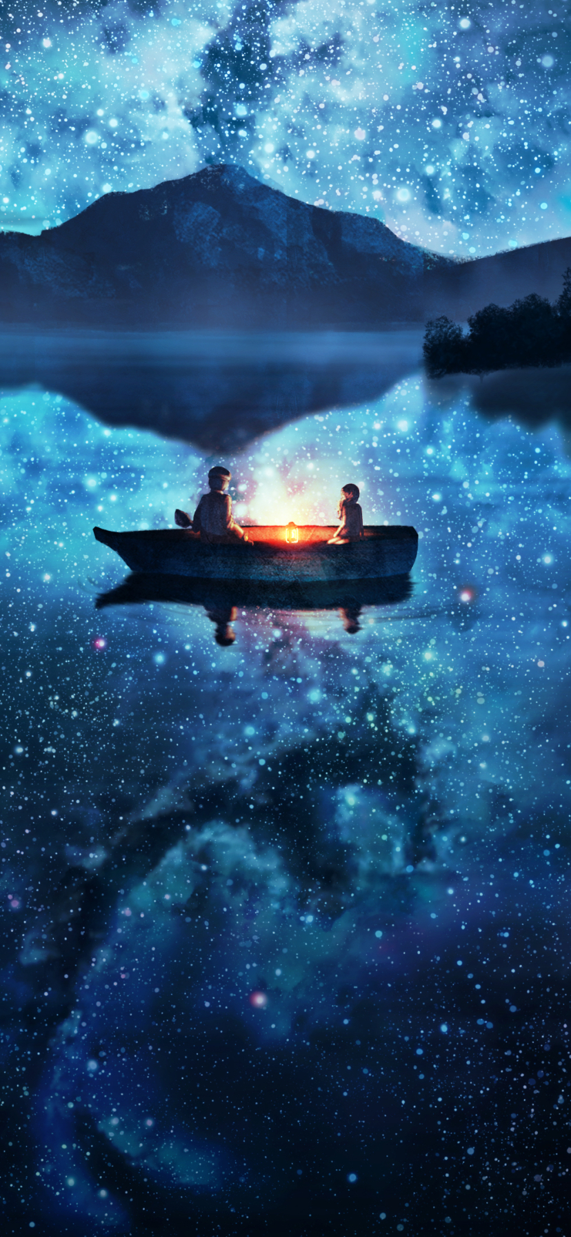 Download mobile wallpaper Anime, Night, Reflection, Starry Sky, Boat for free.