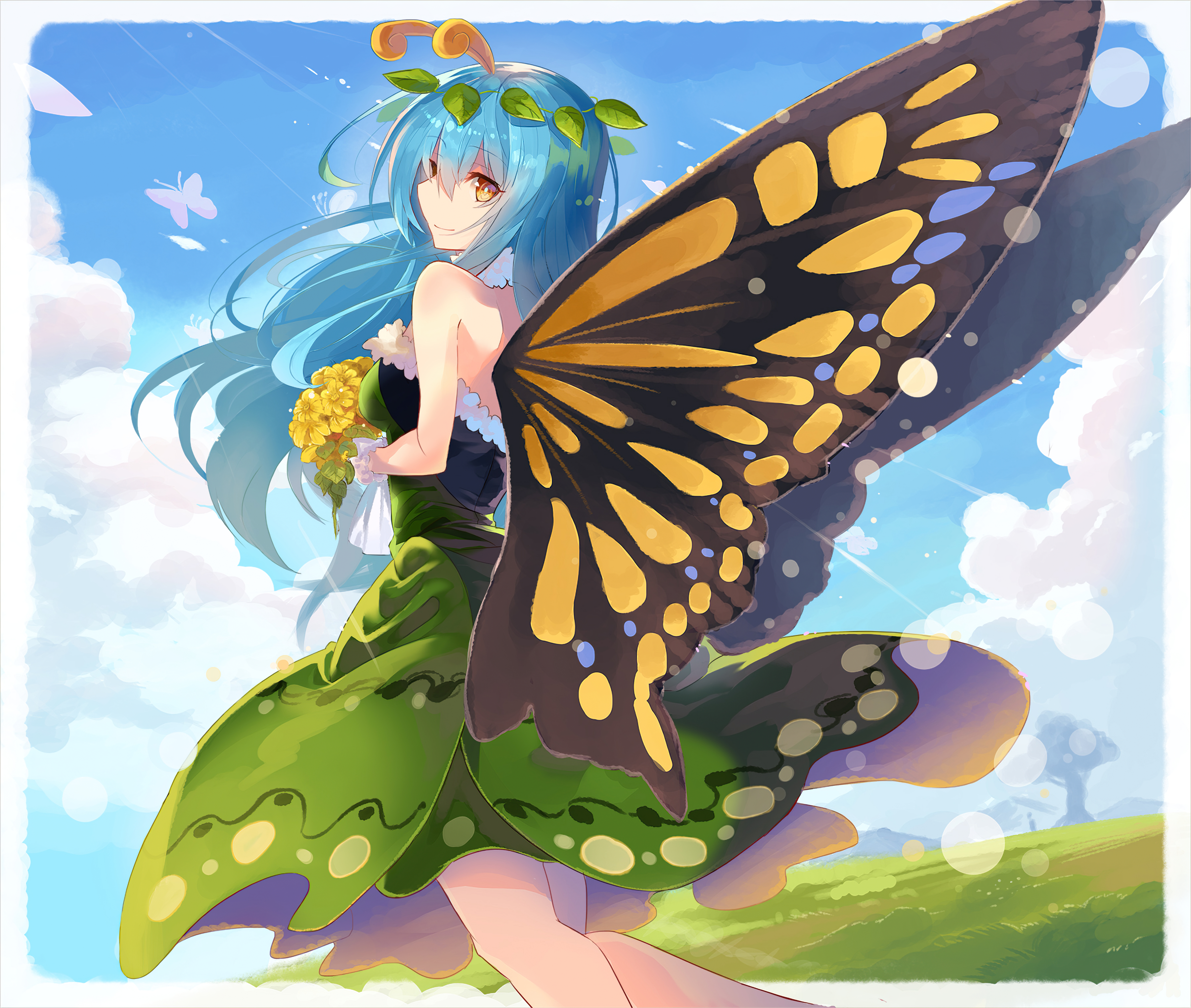 Download mobile wallpaper Anime, Wings, Dress, Yellow Eyes, Blue Hair, Touhou, Long Hair, Green Dress, Eternity Larva for free.