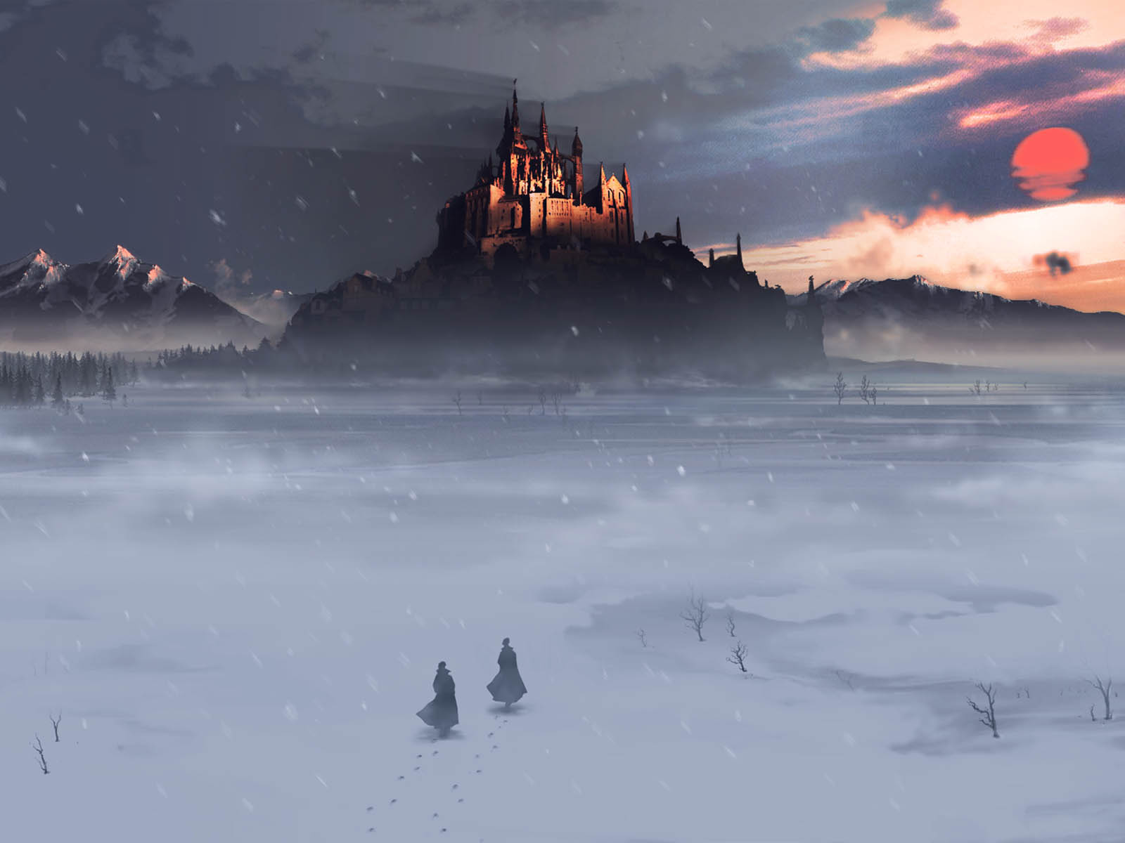 castles, castle, sunset, fantasy, snow, winter