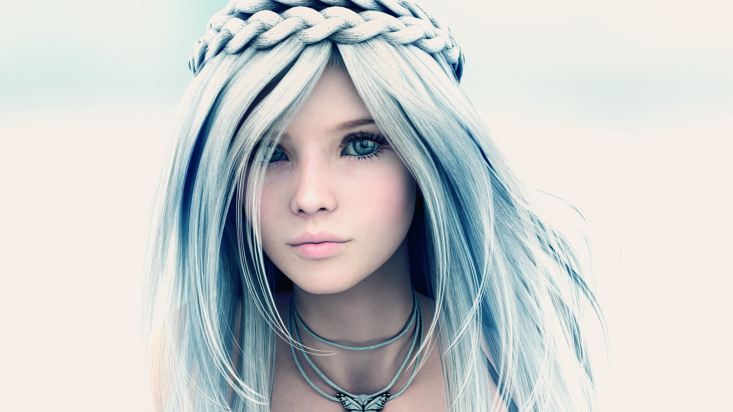 Download mobile wallpaper Fantasy, Butterfly, Face, Women, Necklace, Braid, Blue Hair for free.