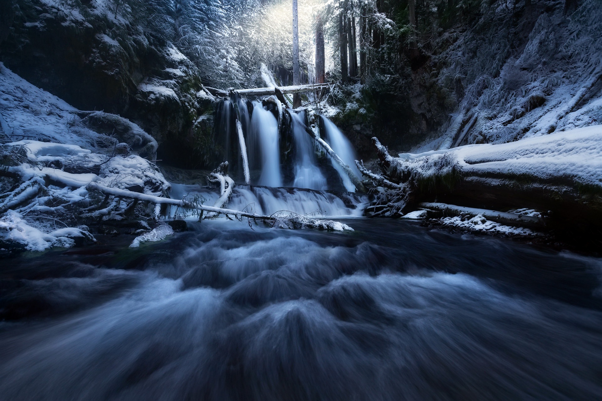 Download mobile wallpaper Winter, Nature, Snow, Earth, Foam, River, Log for free.