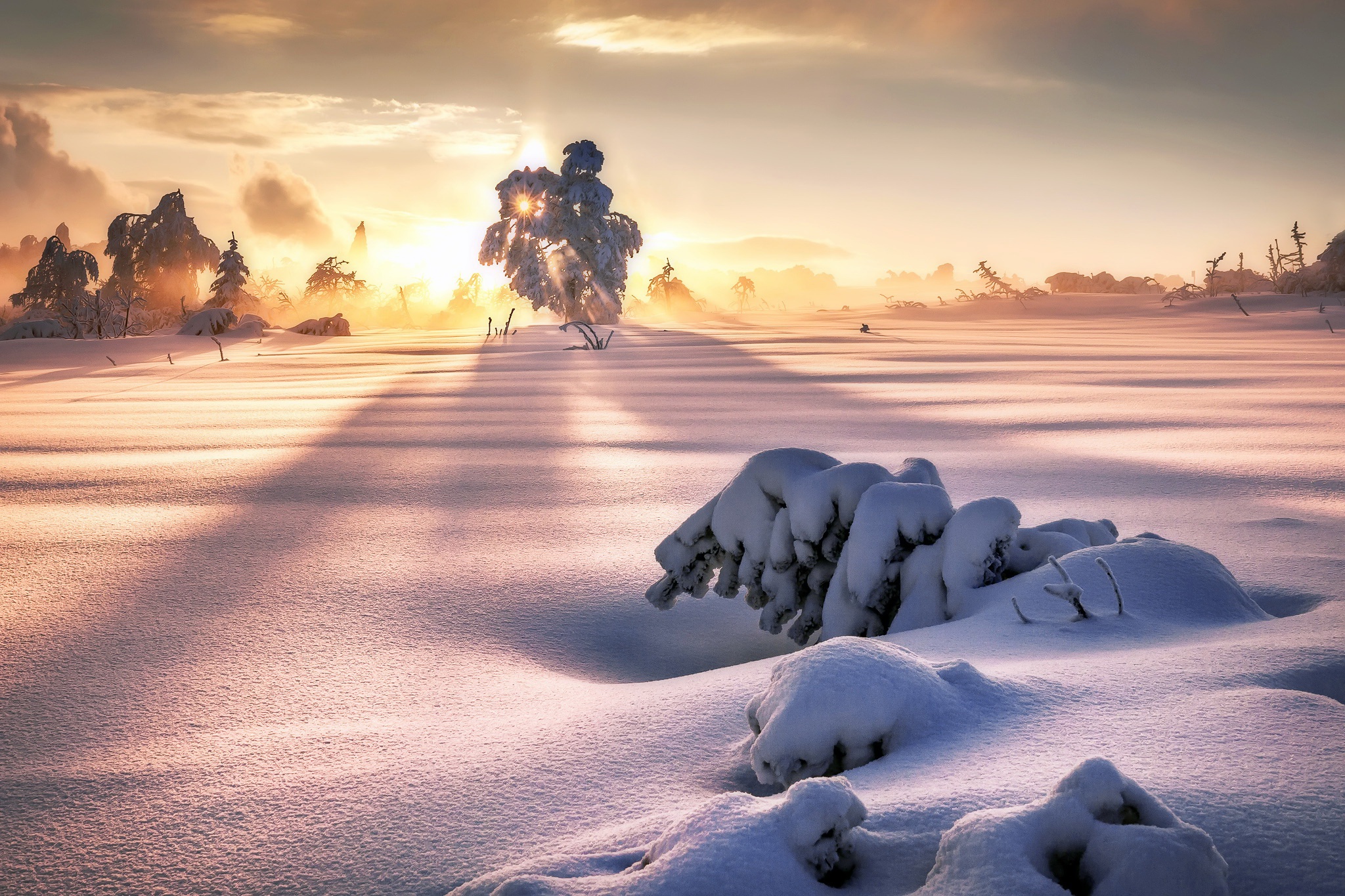 Free download wallpaper Winter, Nature, Snow, Sunrise, Earth, Sunbeam on your PC desktop
