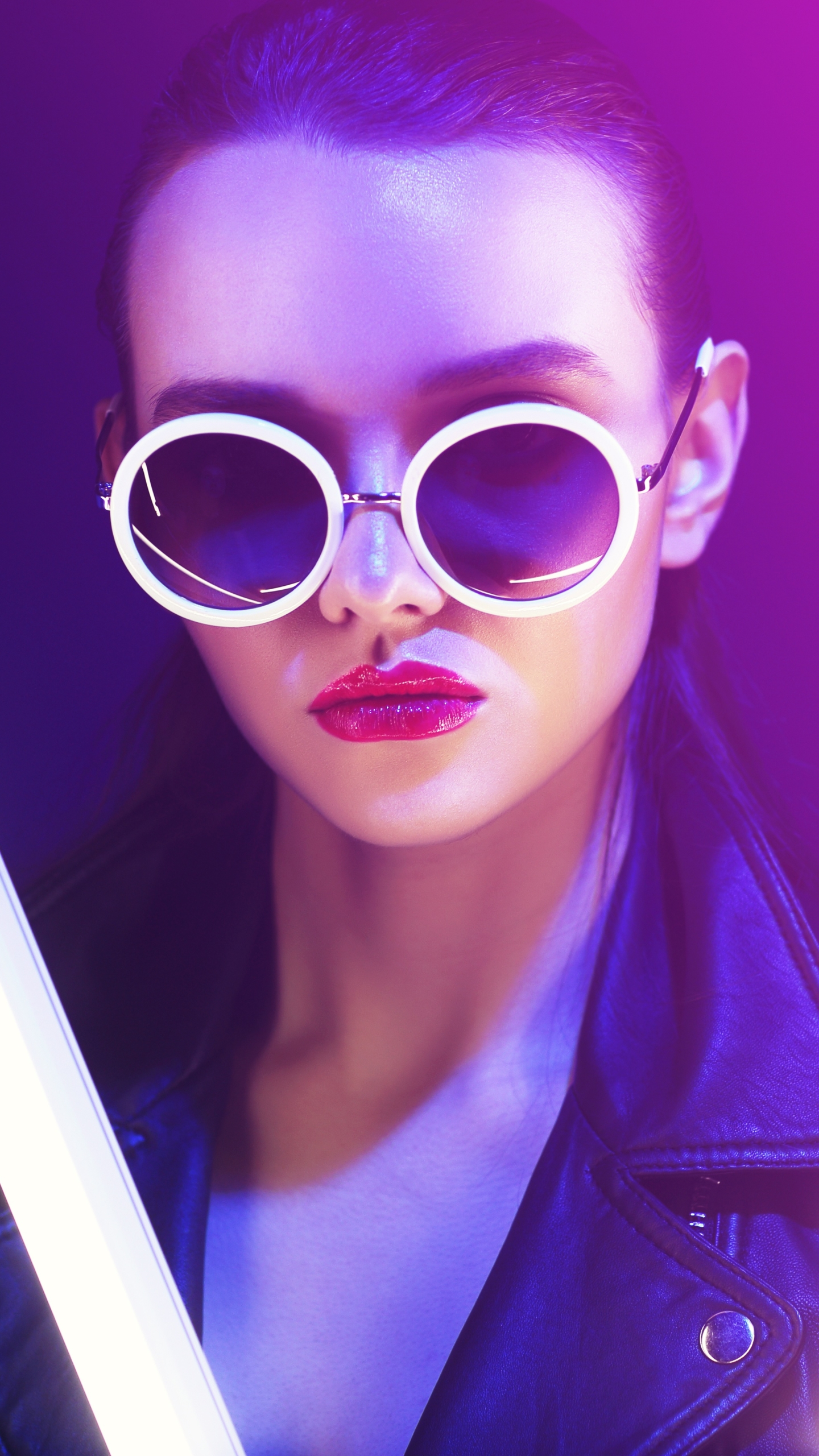 Download mobile wallpaper Sunglasses, Model, Women, Lipstick, Leather Jacket for free.