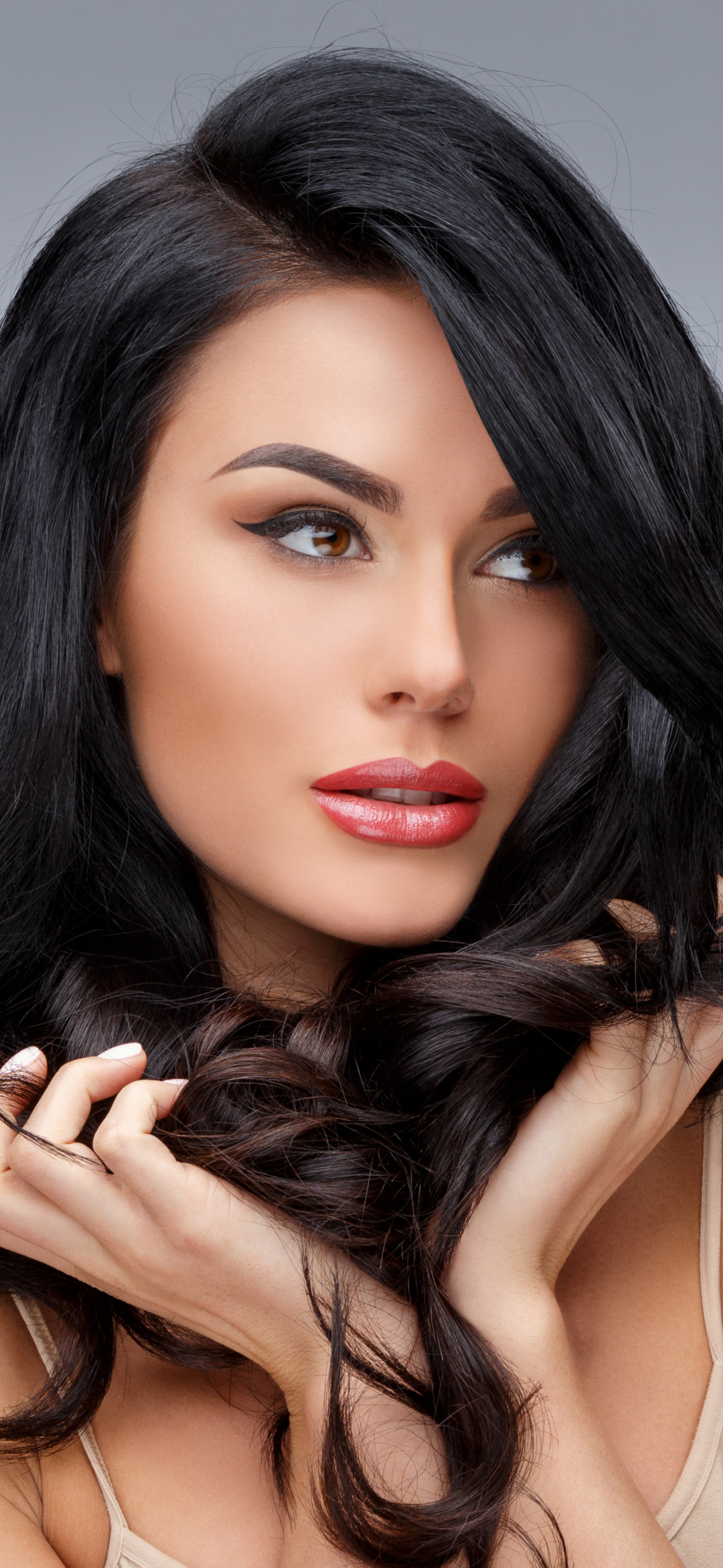 Download mobile wallpaper Face, Model, Women, Brown Eyes, Black Hair, Lipstick for free.