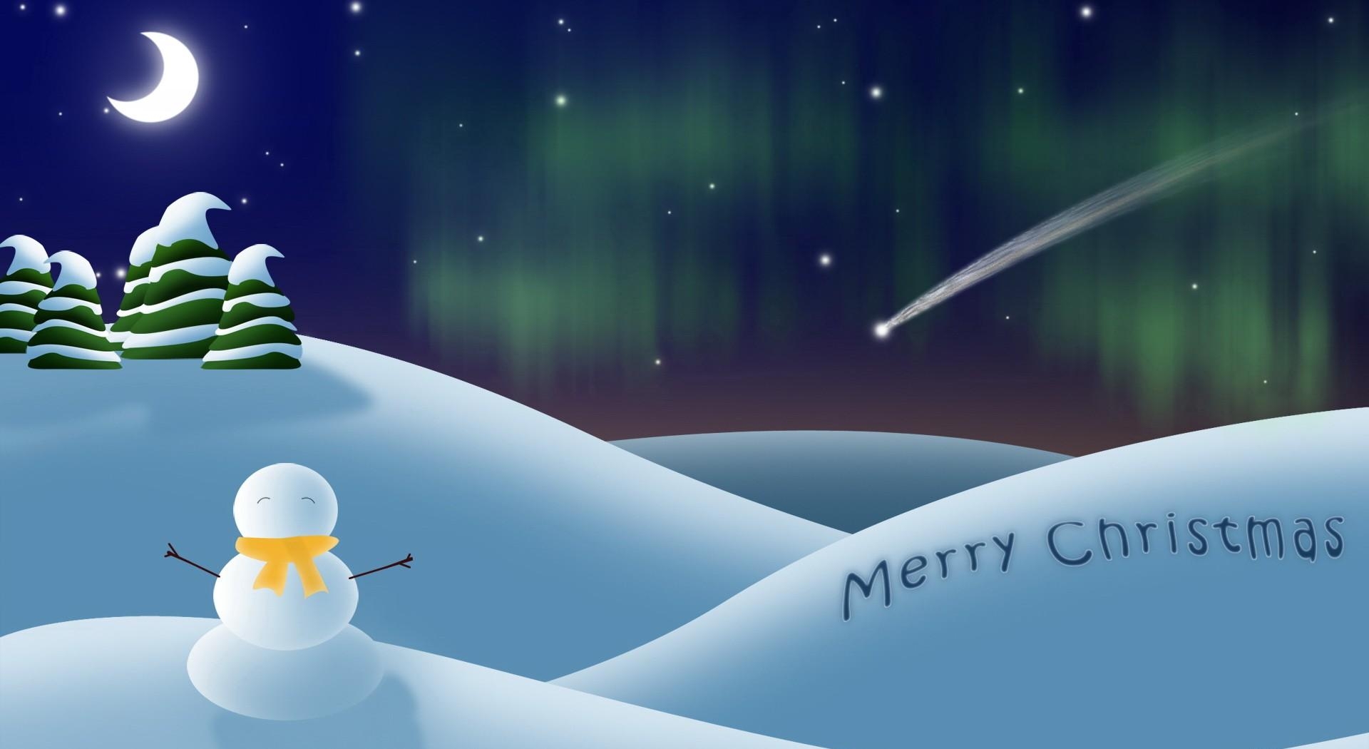 holidays, sky, stars, moon, fir trees, snowman, christmas, fall, inscription