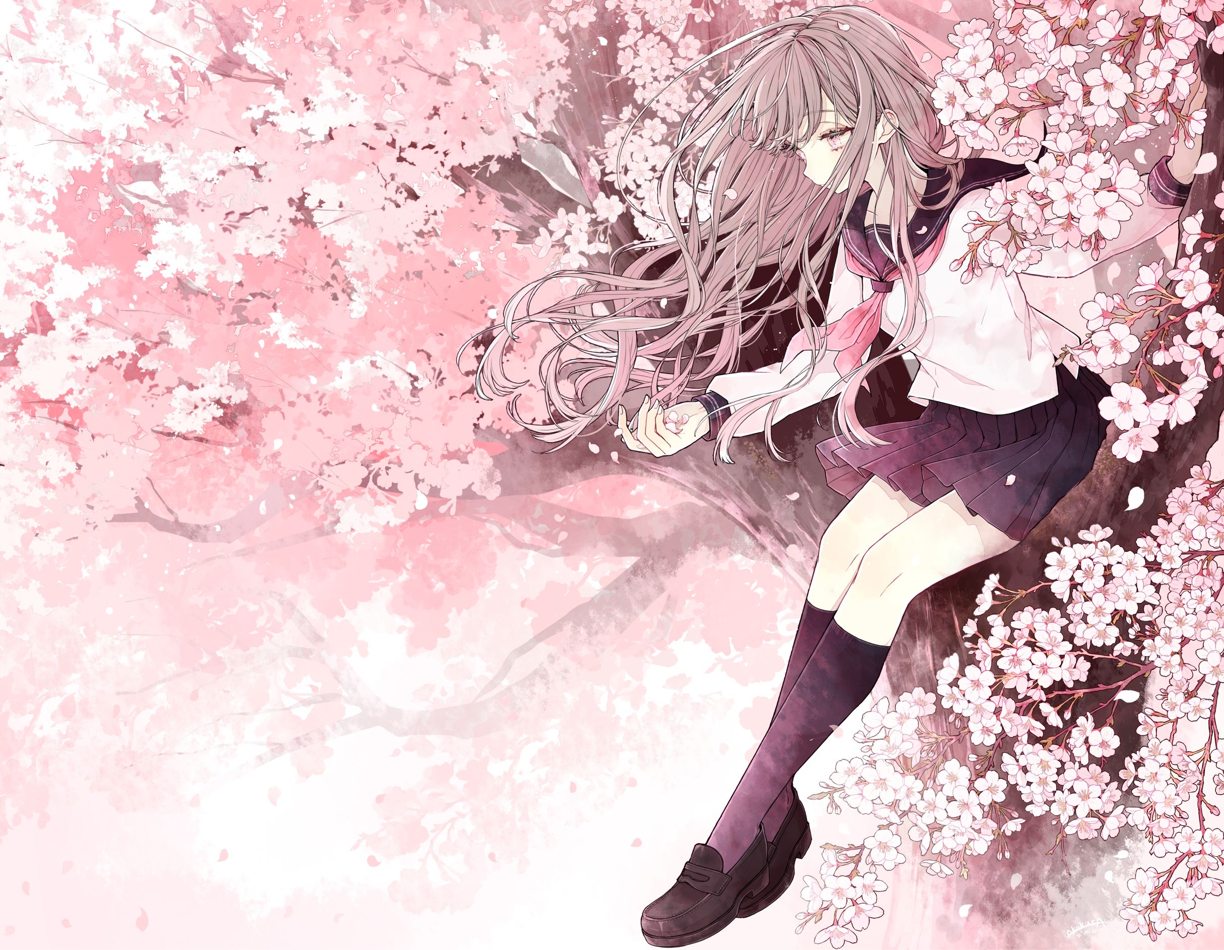 Laden Sie das Blüte, Original, Kirschblüte, Blondinen, Pinkes Haar, Schuluniform, Animes, Lange Haare, Rosa Augen-Bild kostenlos auf Ihren PC-Desktop herunter