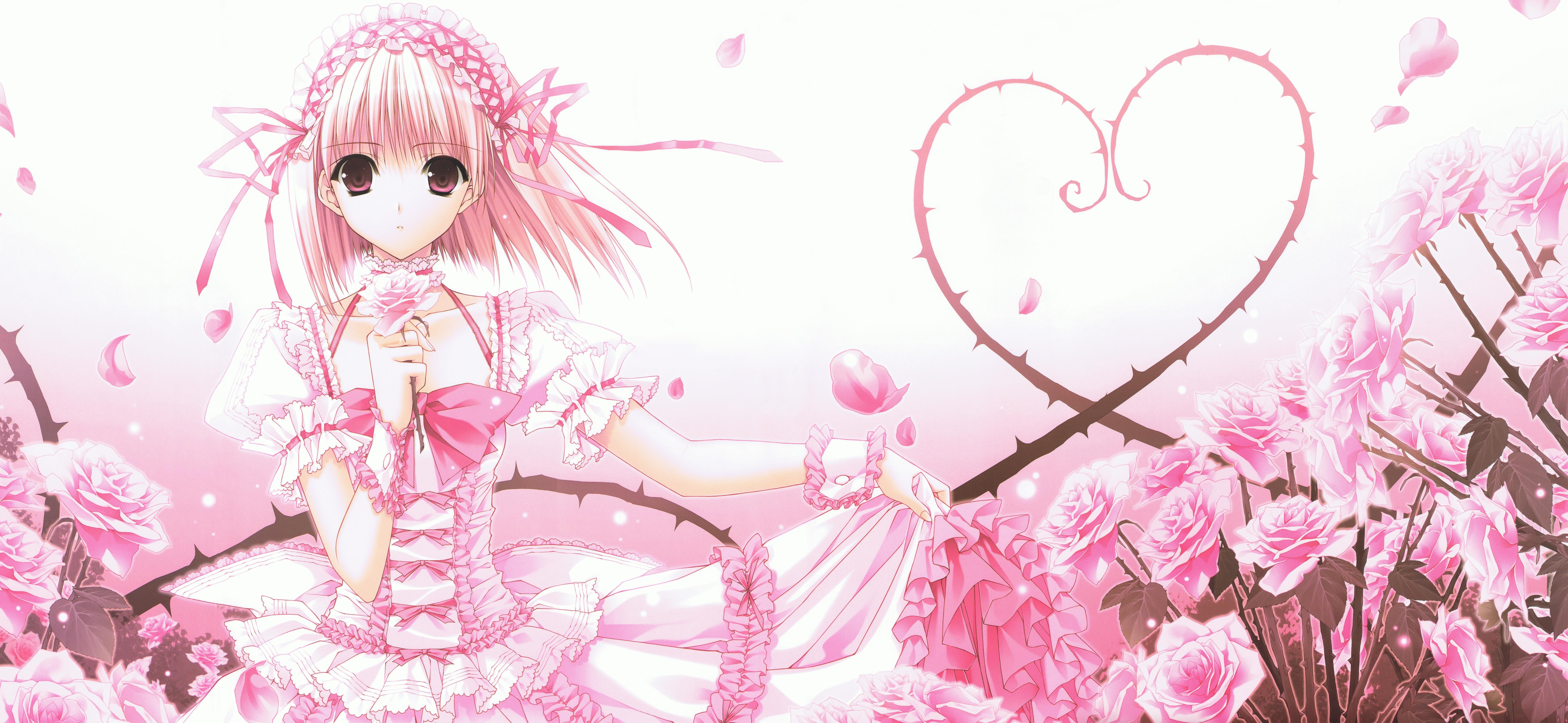 Download mobile wallpaper Anime, Rose, Heart, Petal, Ribbon, Original, Pink Hair, Blush, Red Eyes, Short Hair for free.