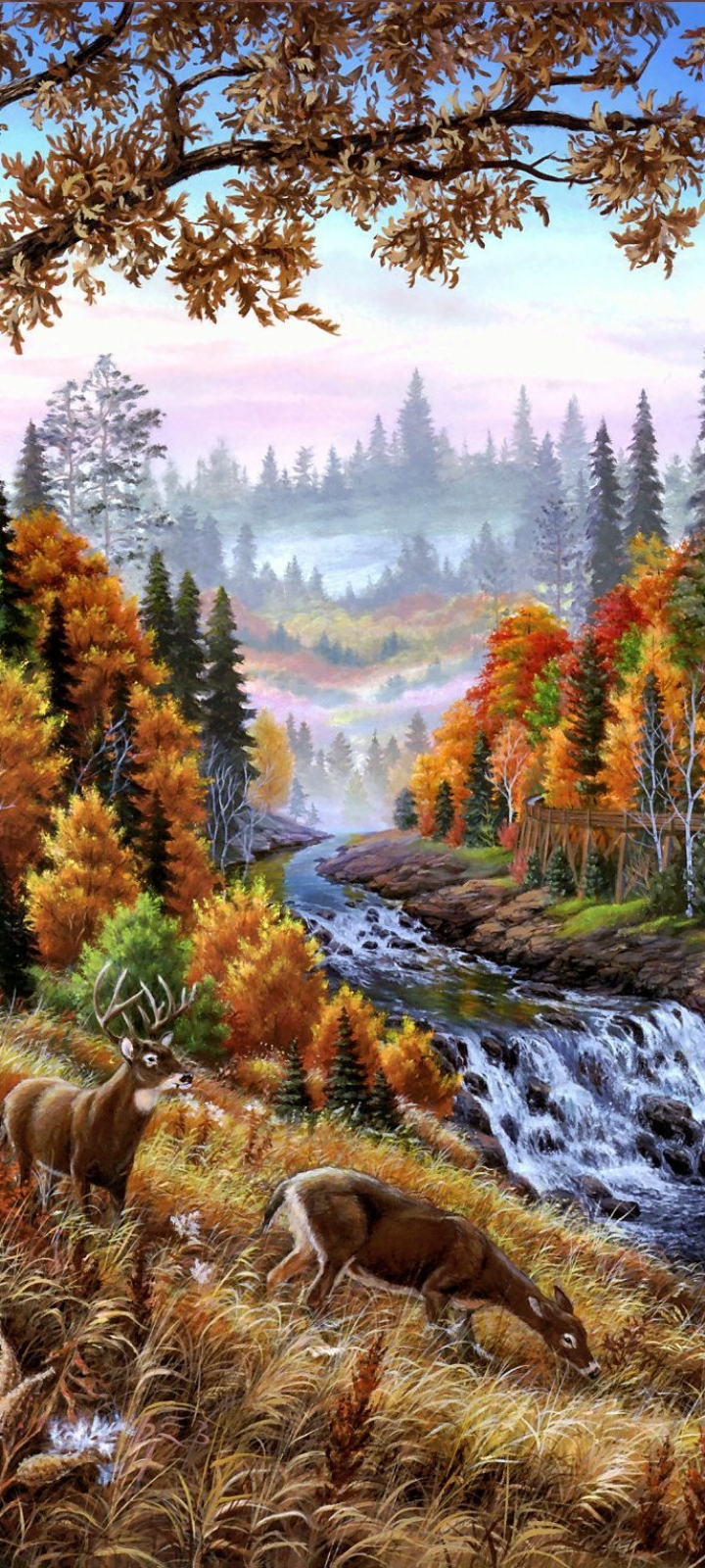Handy-Wallpaper Landschaft, Herbst, Fluss, Reh, Hirsch, Künstlerisch kostenlos herunterladen.