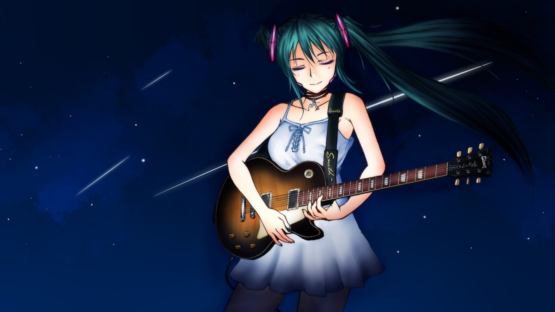 Handy-Wallpaper Gitarre, Vocaloid, Sternschnuppe, Blaue Haare, Hatsune Miku, Animes, Twintails, Weißes Kleid kostenlos herunterladen.
