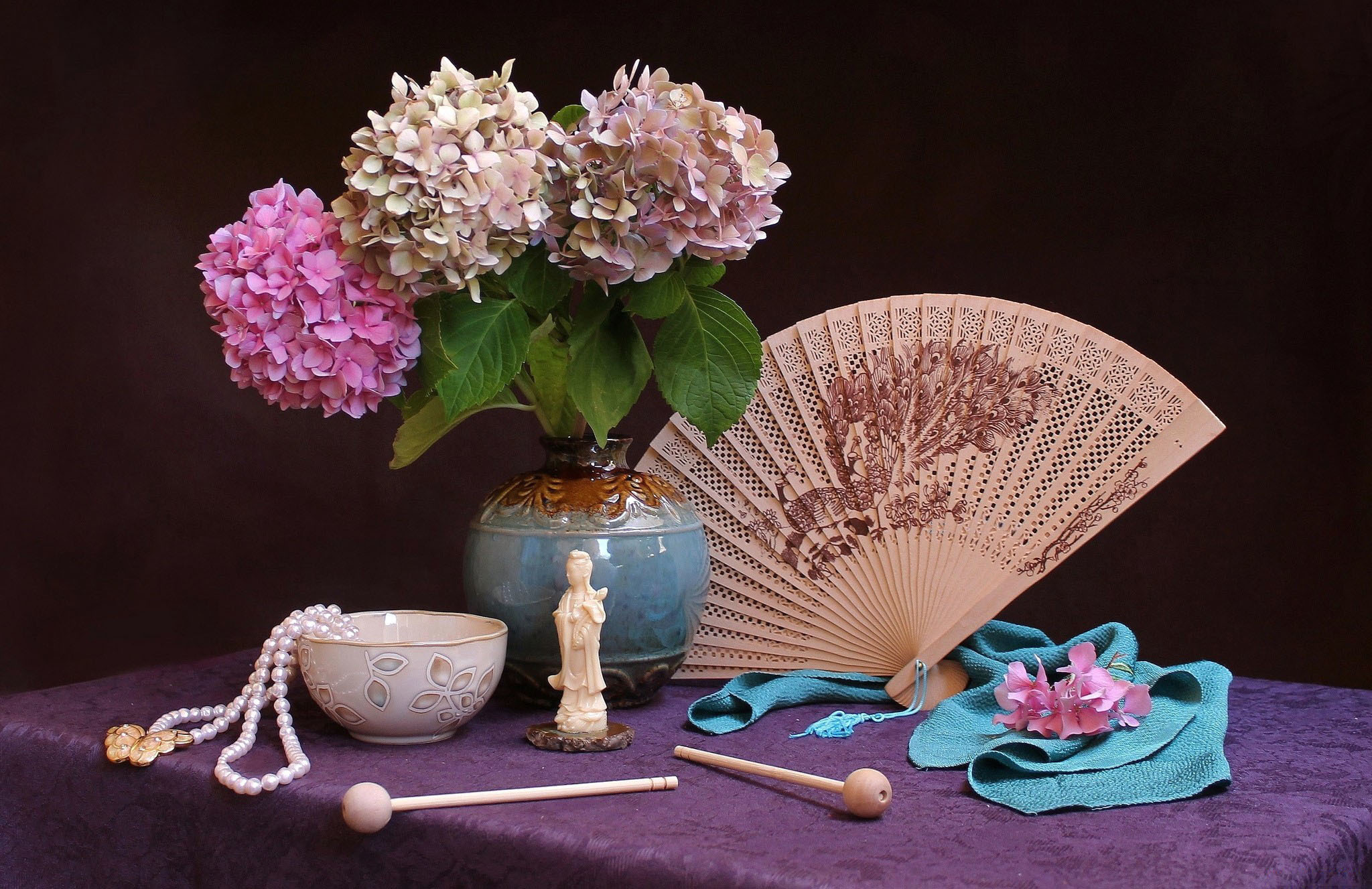 photography, still life, asian, bowl, fan, hydrangea, pink flower, vase