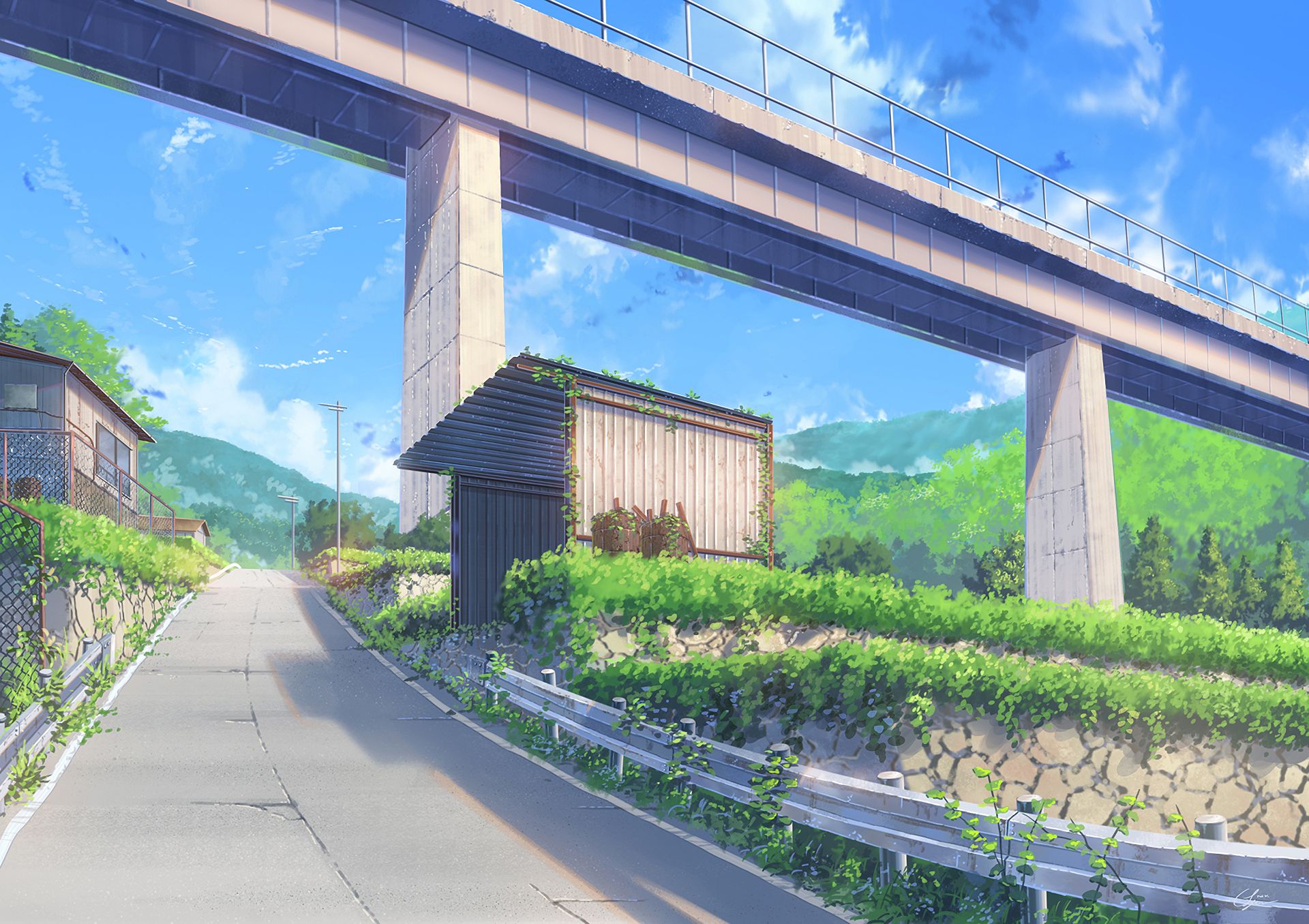 Laden Sie das Landschaft, Straße, Haus, Brücke, Morgen, Original, Animes-Bild kostenlos auf Ihren PC-Desktop herunter