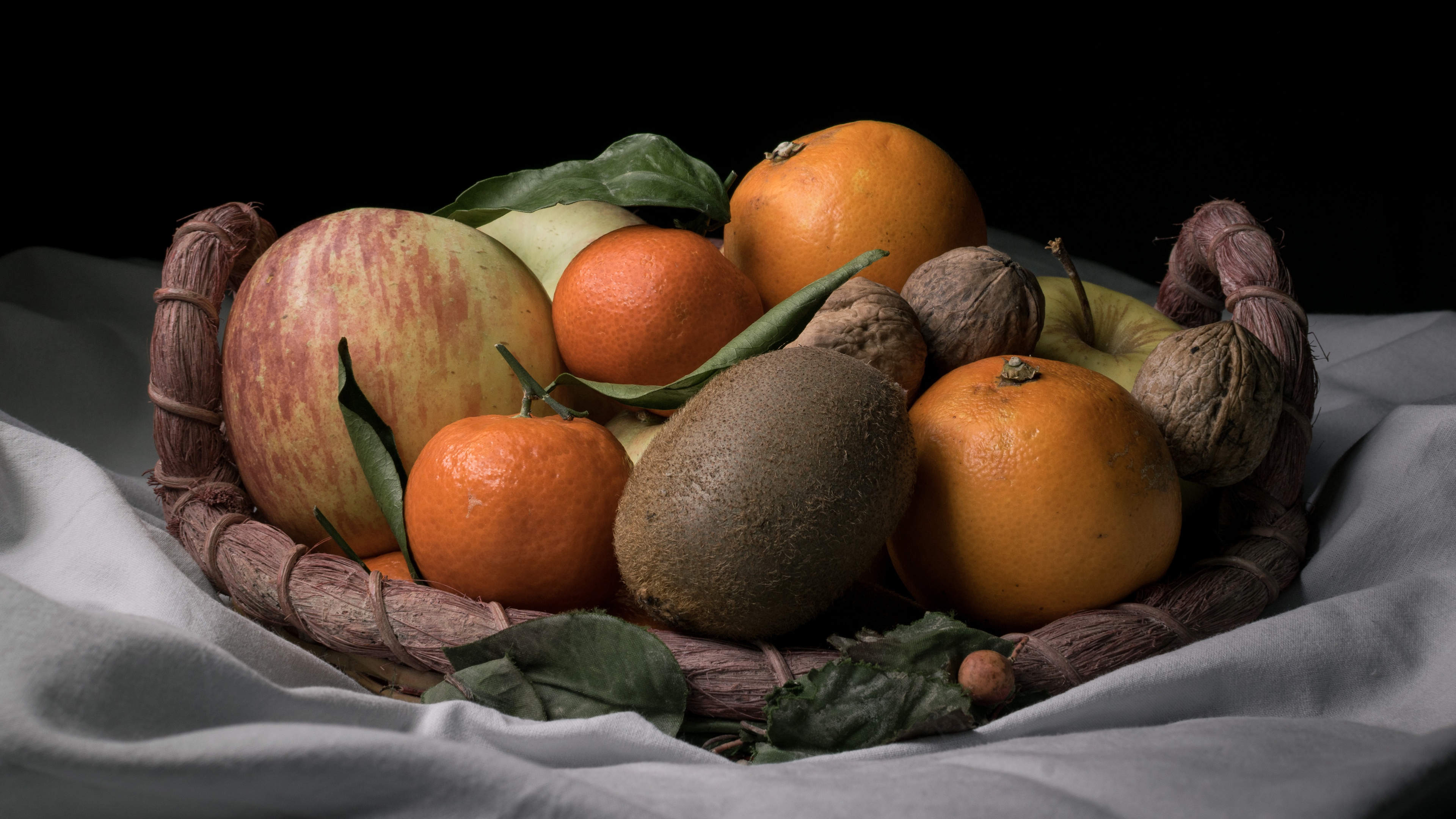 Download mobile wallpaper Food, Apple, Kiwi, Still Life, Mandarin, Walnut, Orange (Fruit) for free.