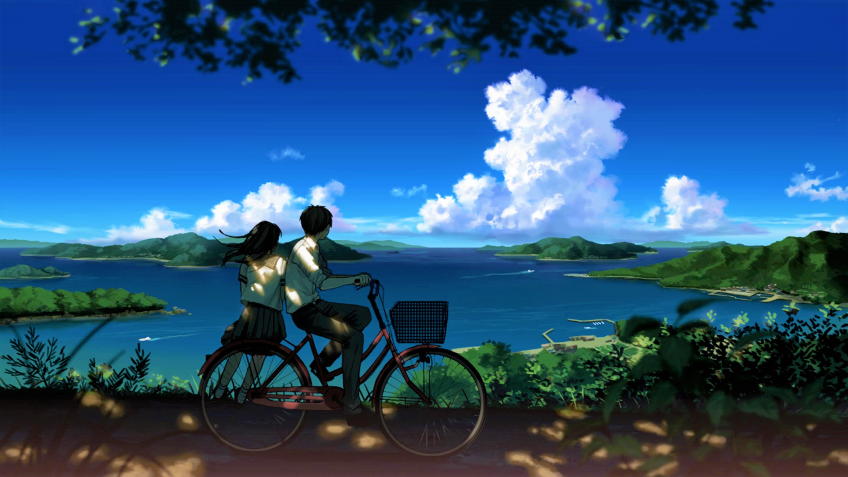 879942 baixar papel de parede anime, original, bicicleta, nuvem, casal, lago, paisagem, montanha, cenário, céu, uniforme - protetores de tela e imagens gratuitamente