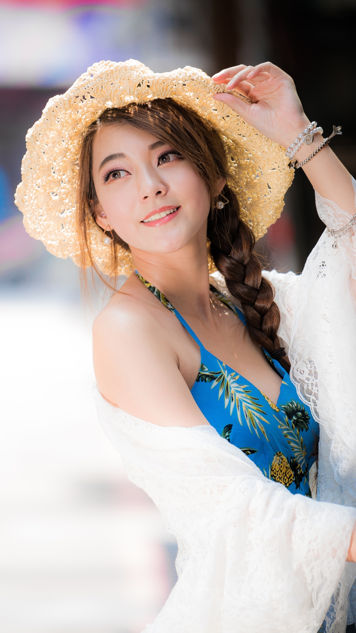 Download mobile wallpaper Hat, Brunette, Model, Women, Braid, Asian for free.