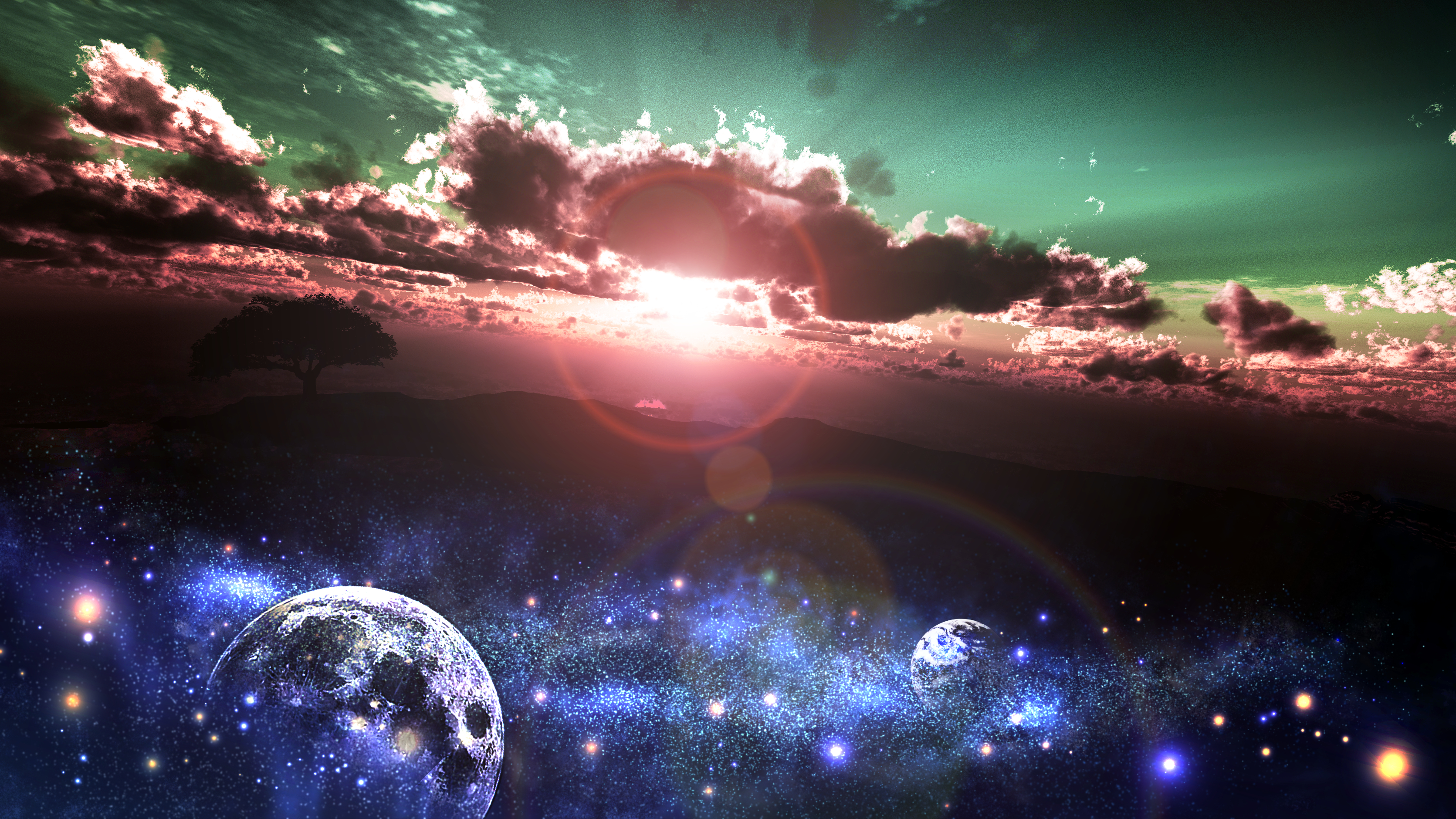 Free download wallpaper Anime, Sky, Tree, Sunrise, Planet, Cloud, Original on your PC desktop