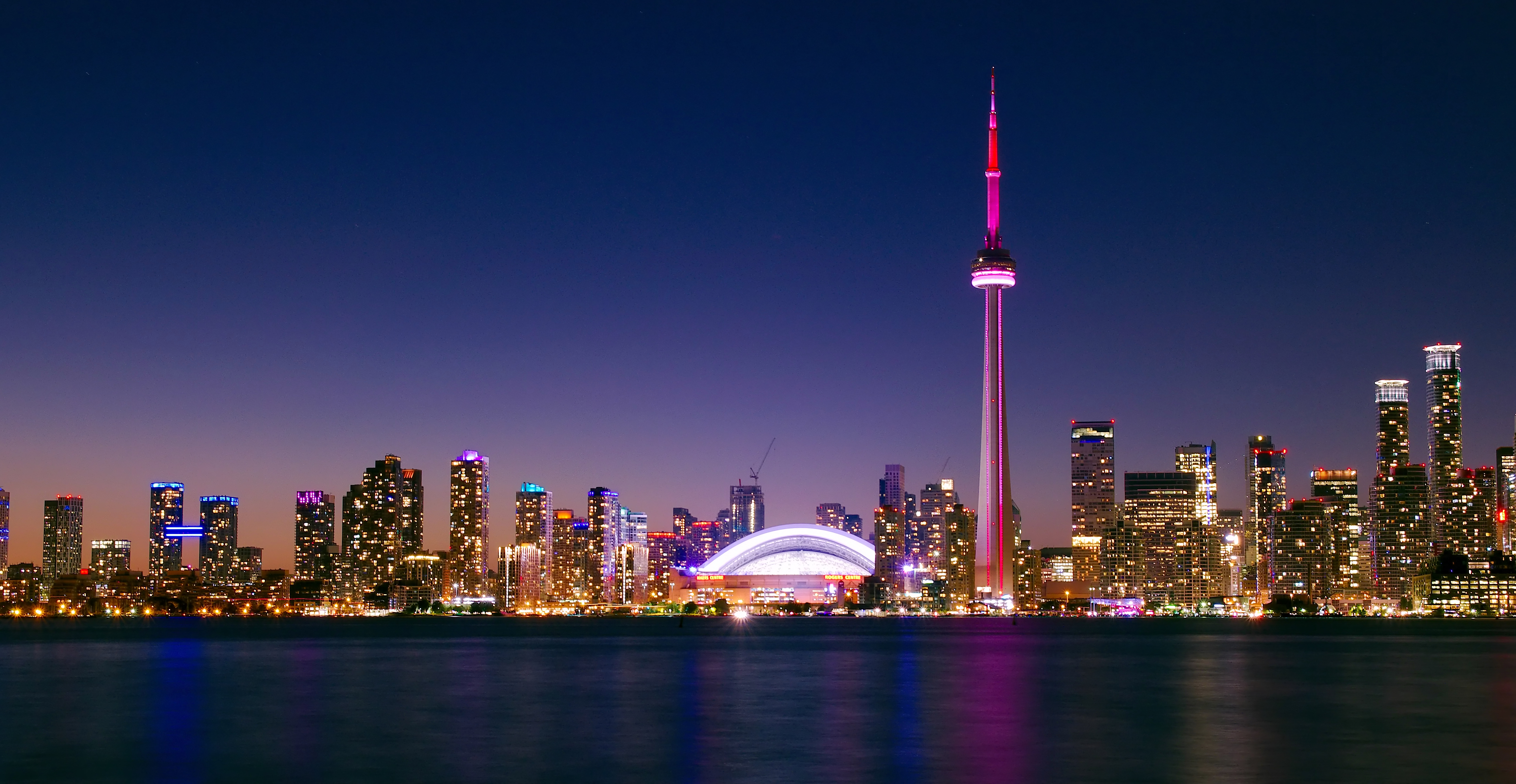 Скачать обои бесплатно Канада, Торонто, Здания, Город, Побережье, Ночь, Города, Архитектура картинка на рабочий стол ПК