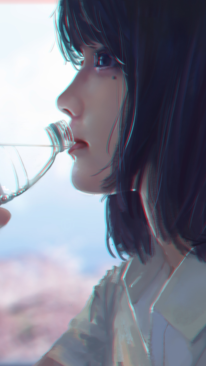 anime, girl, drinking