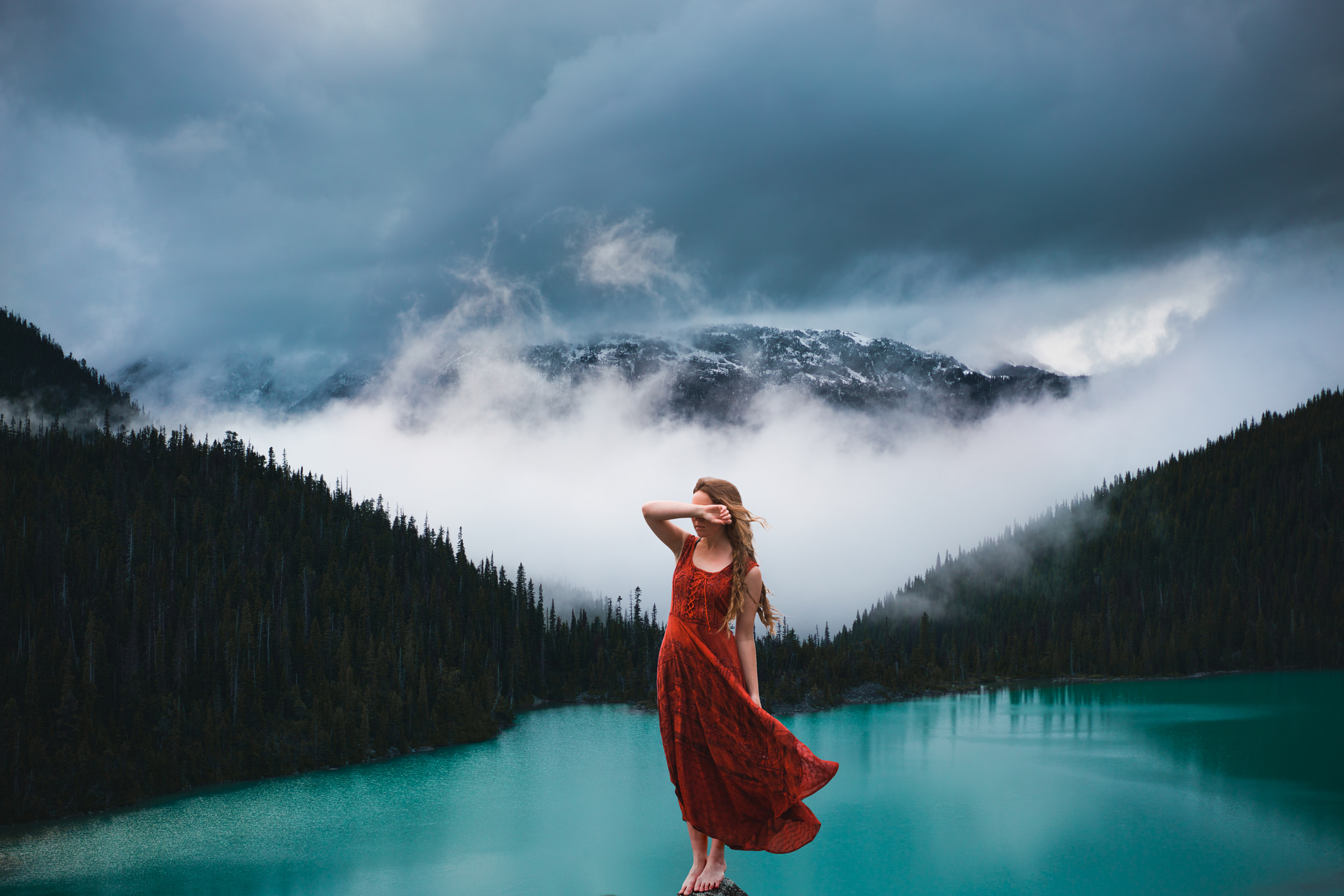 Download mobile wallpaper Mountain, Lake, Mood, Cloud, Women, Red Dress for free.